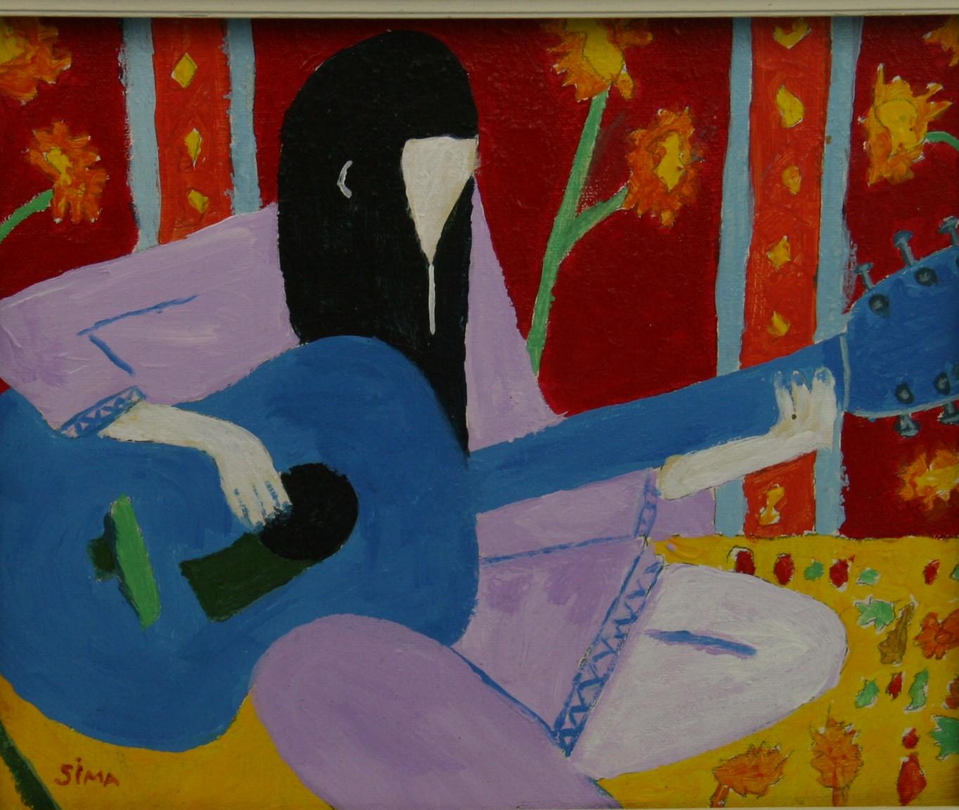 Sima Figurative Painting - 1970s Hippie Female Guitar Player, Acrylic on Artist Board, Framed