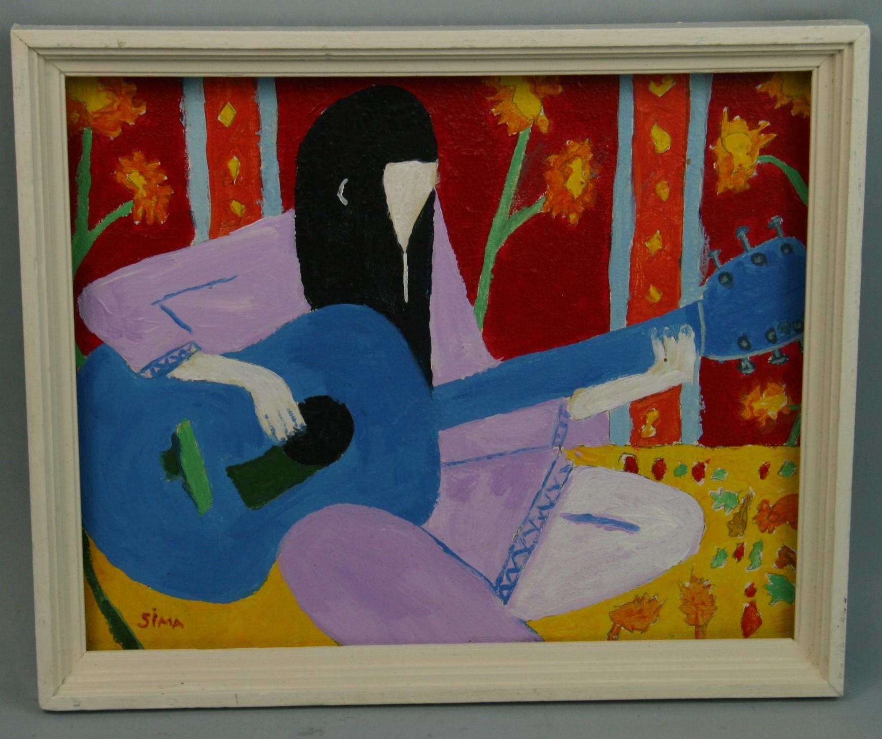 Hippie de los 70   Guitarrista femenina - Figurative Painting Negro de Sima