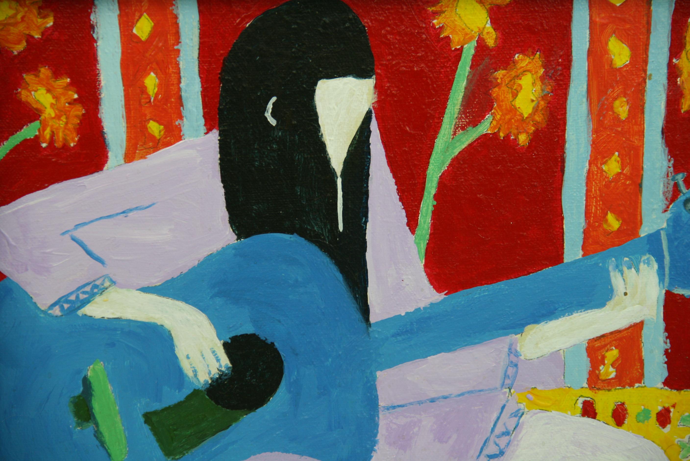 3917 Pintura acrílica sobre tabla de artista de un guitarrista de los años 70