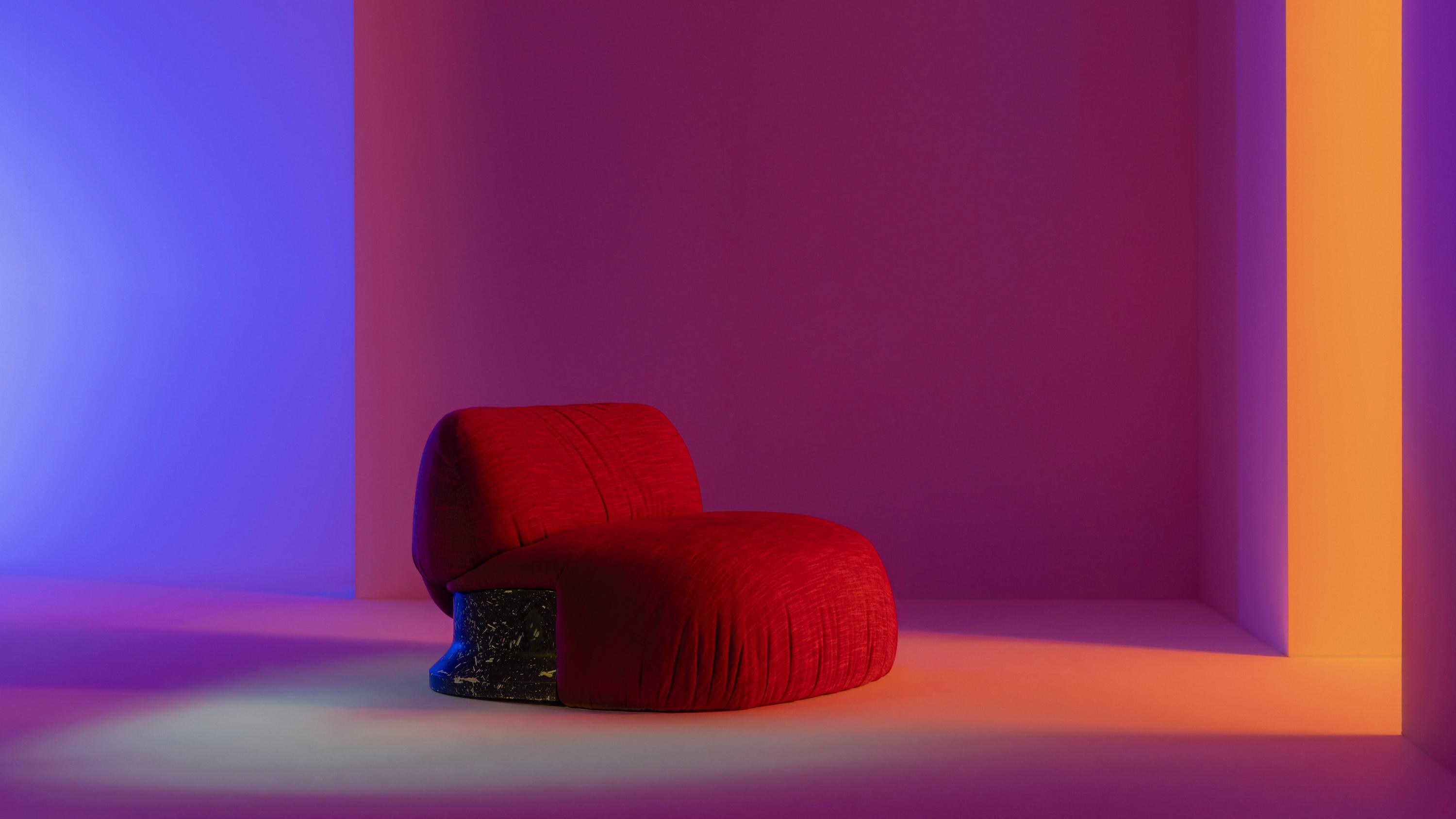 Hemp Red Fabric, Blue Resin Base Sima Armchair by Andrea Steidl for Delvis Unlimited For Sale