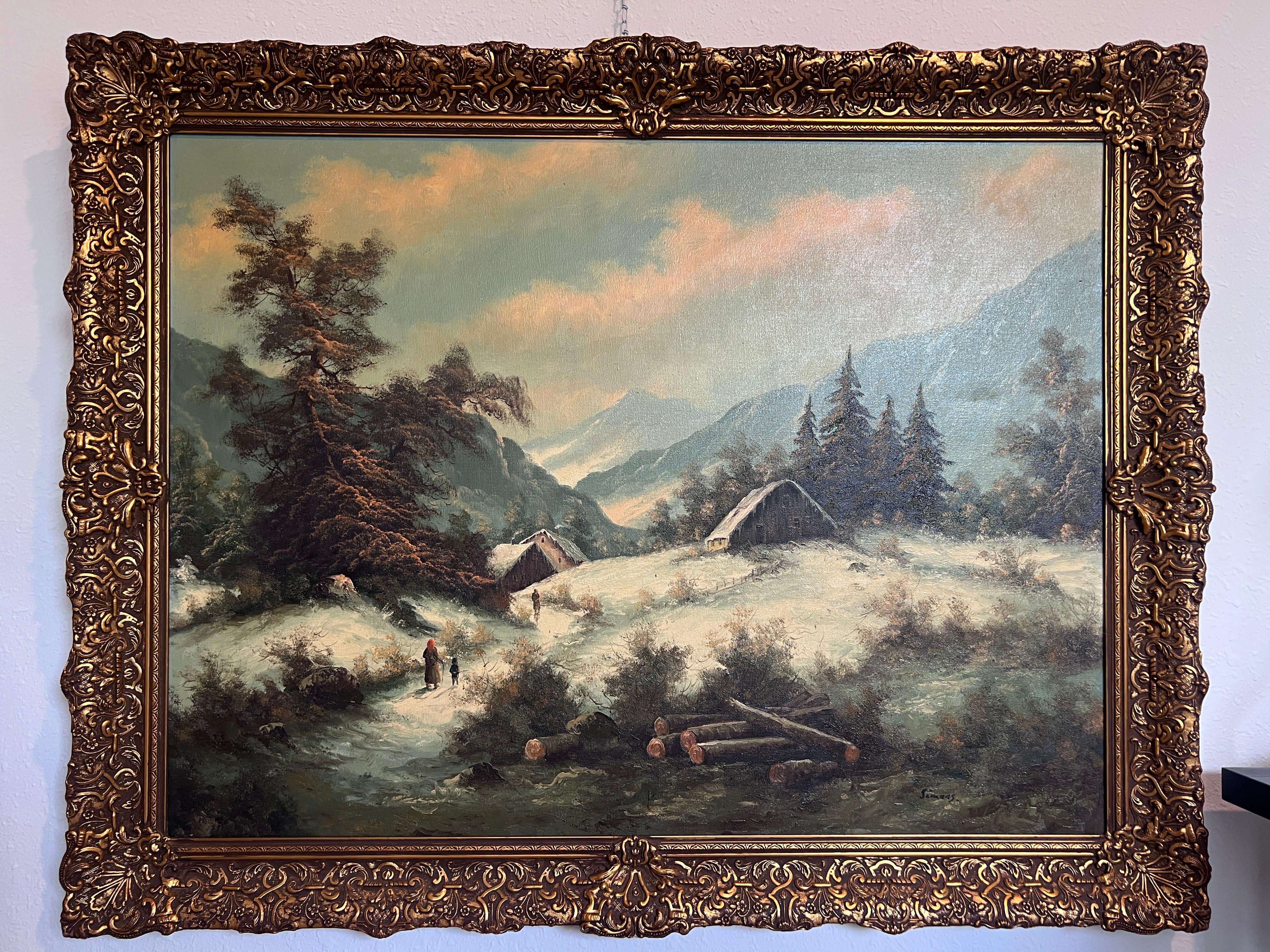 Großes niederländisches Vintage-Ölgemälde auf Leinwand, Simans, Landschaft, Blattgoldrahmen im Angebot 1