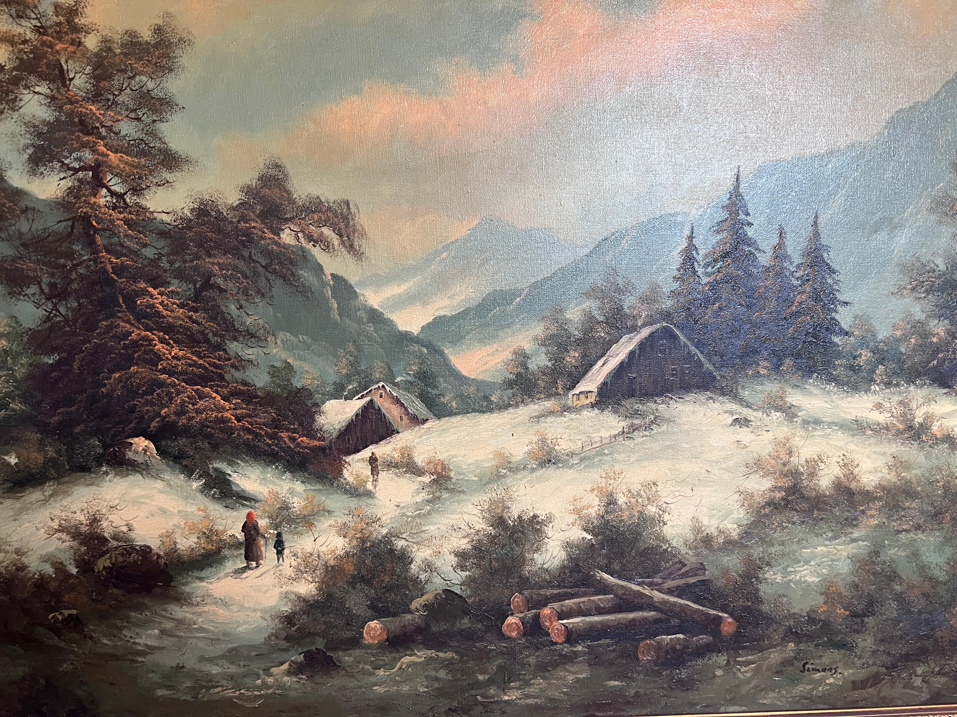 Großes niederländisches Vintage-Ölgemälde auf Leinwand, Simans, Landschaft, Blattgoldrahmen im Angebot 2