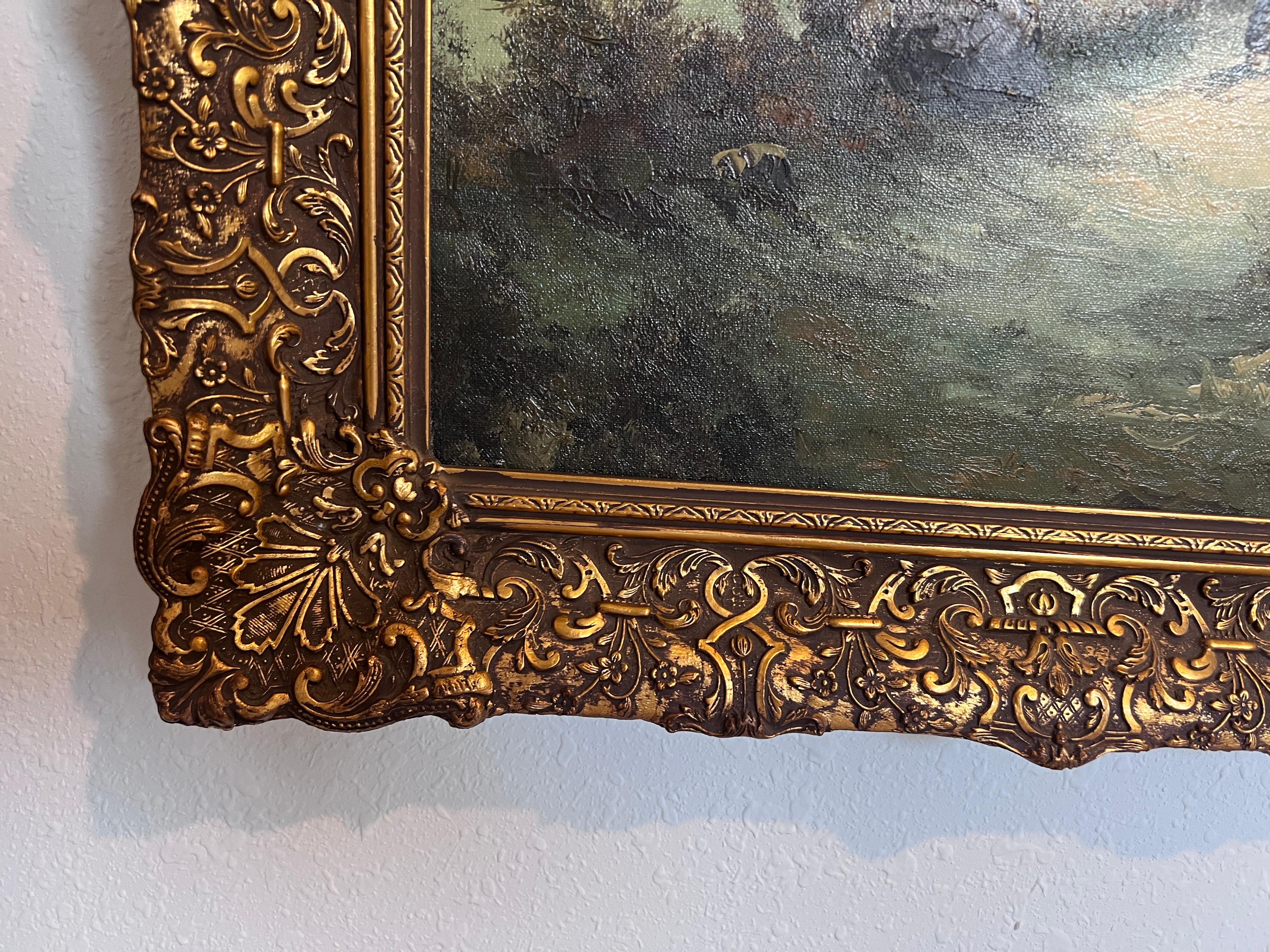 Großes niederländisches Vintage-Ölgemälde auf Leinwand, Simans, Landschaft, Blattgoldrahmen im Angebot 3