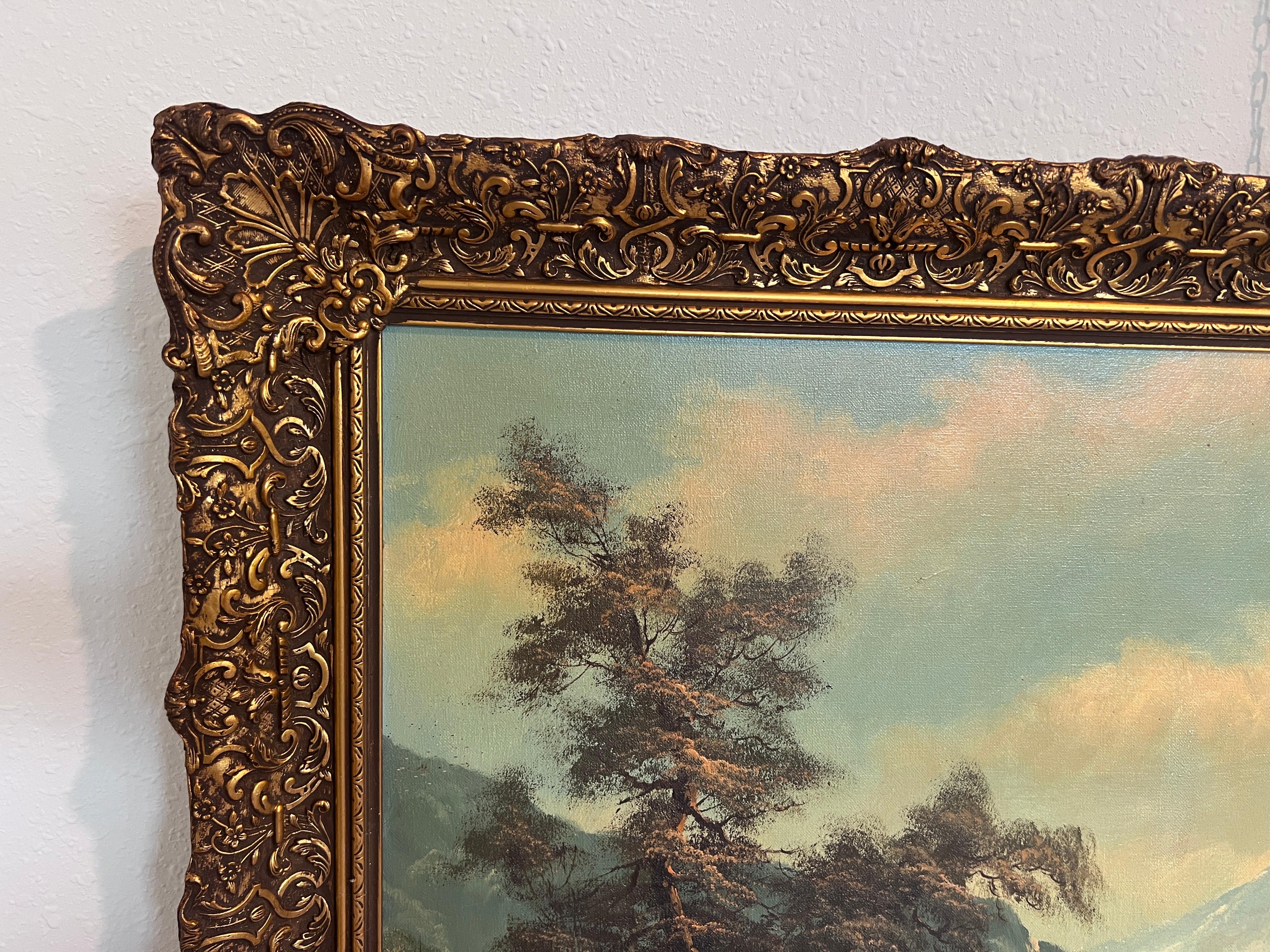 Großes niederländisches Vintage-Ölgemälde auf Leinwand, Simans, Landschaft, Blattgoldrahmen im Angebot 4