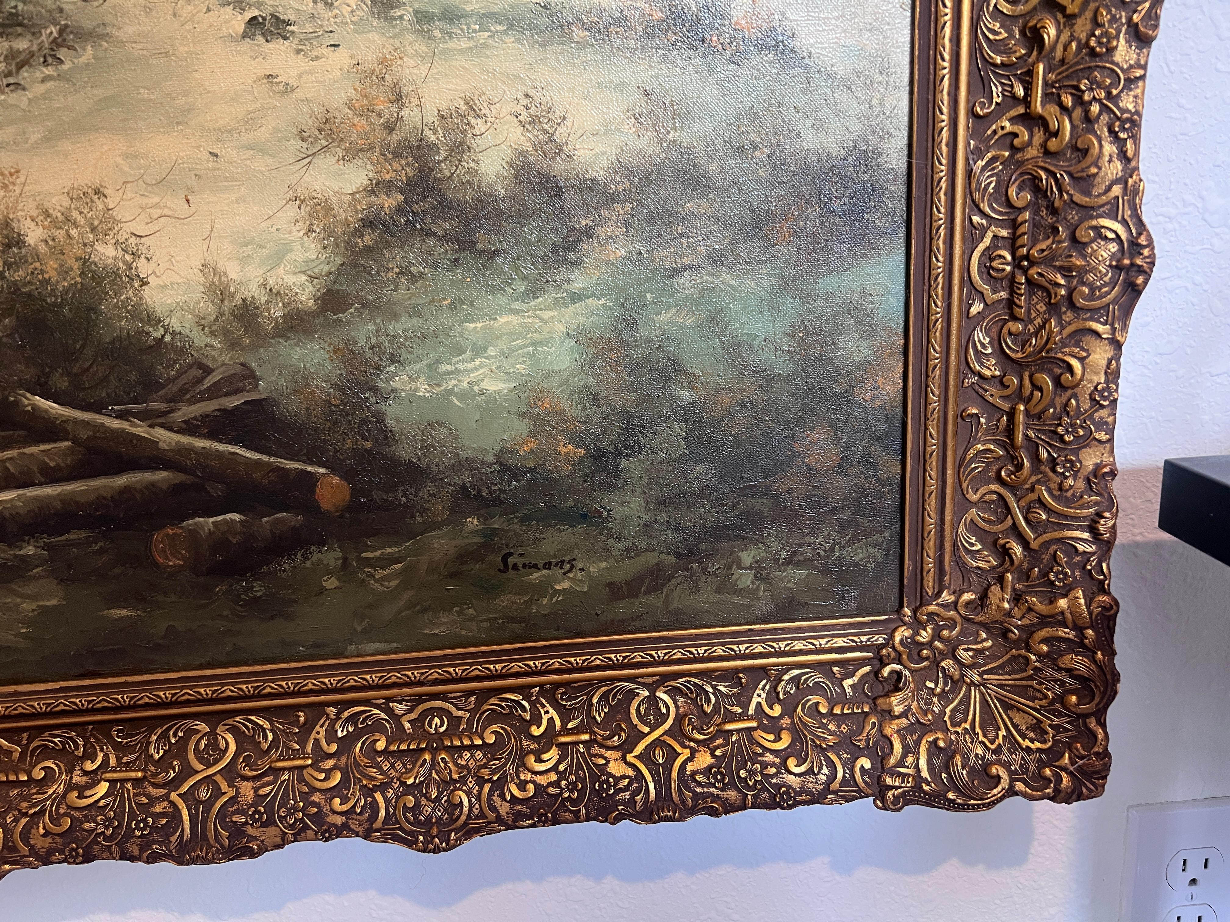 Großes niederländisches Vintage-Ölgemälde auf Leinwand, Simans, Landschaft, Blattgoldrahmen im Angebot 6