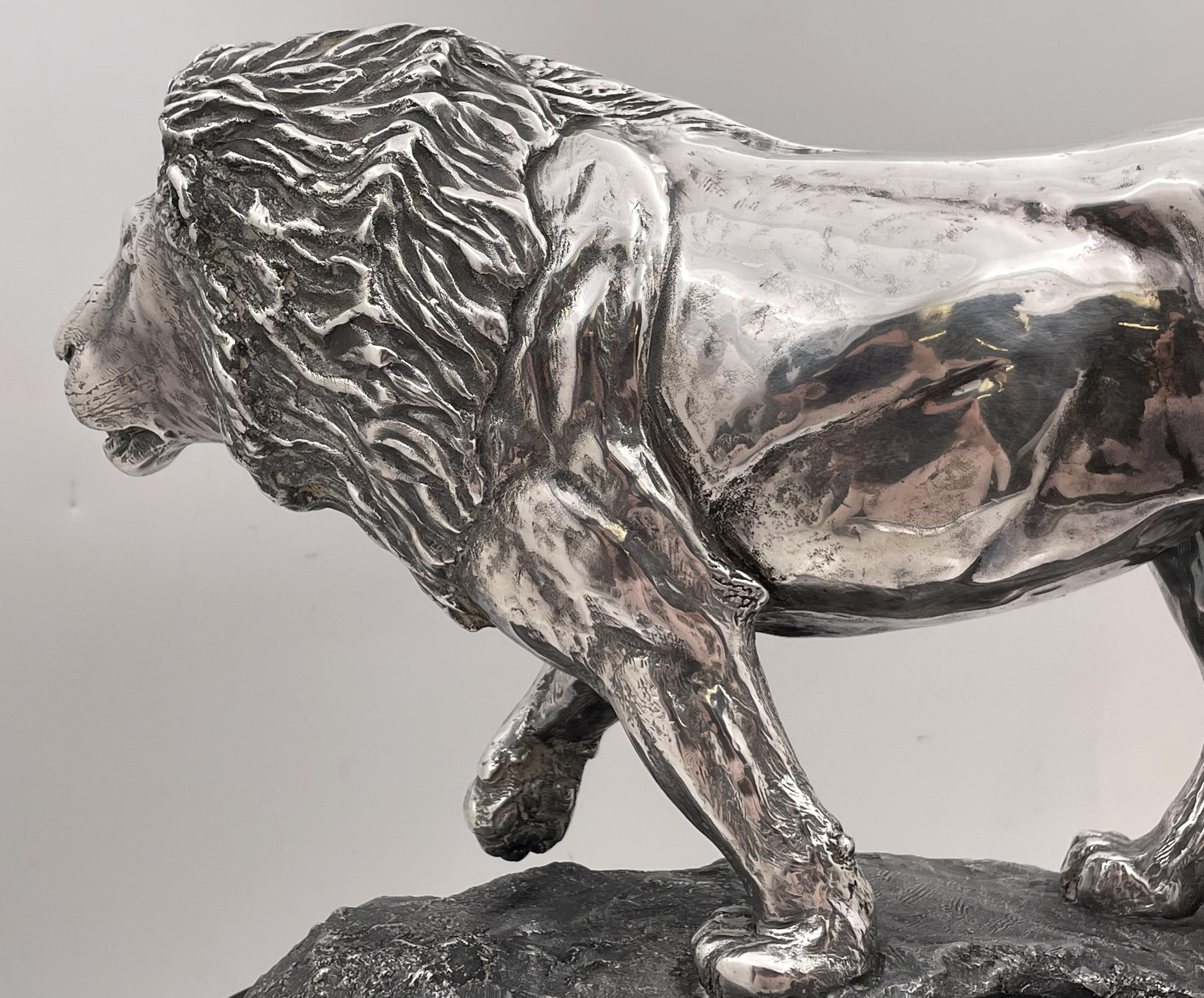 Late 20th Century Simba Solid .999 Silver Large Realistic Sculpture of Lion by R. Taylor  For Sale