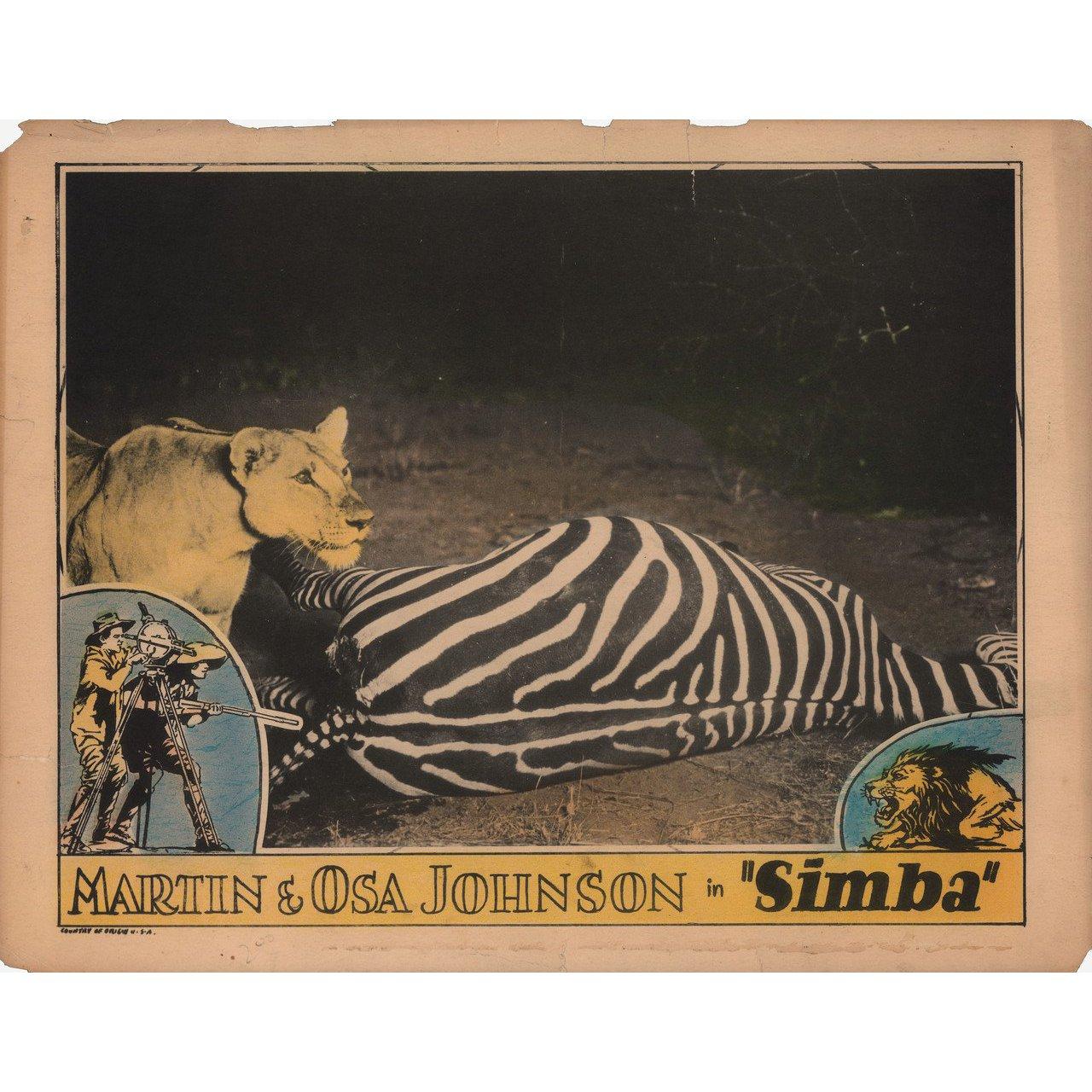 Original 1928 U.S. scene card for the documentary film Simba: The King of the Beasts with Martin E. Johnson / Osa Johnson. Very Good condition. Please note: the size is stated in inches and the actual size can vary by an inch or more.
 