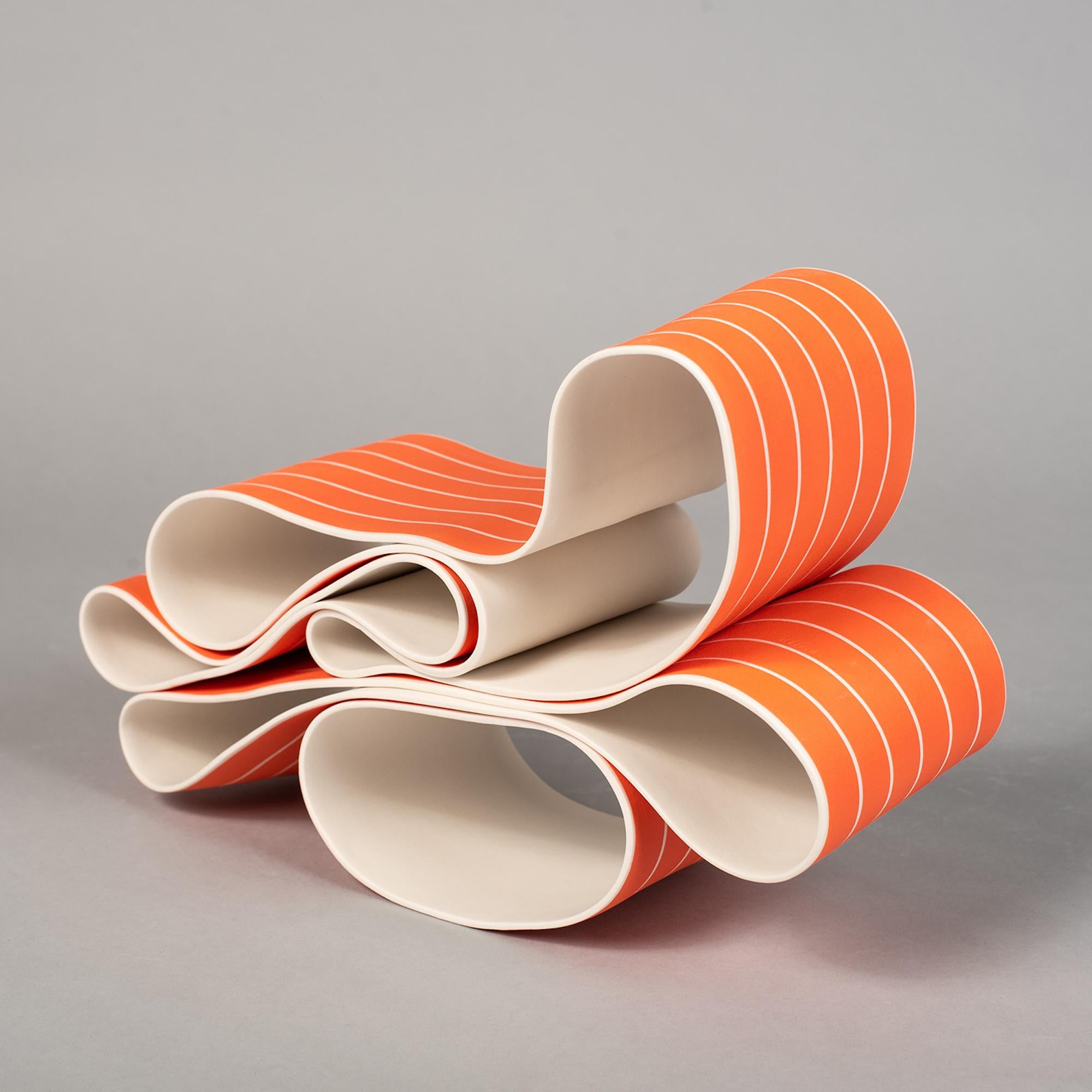 Folding in Motion 11 by Simcha Even-Chen - Porcelain sculpture, orange lines For Sale 1