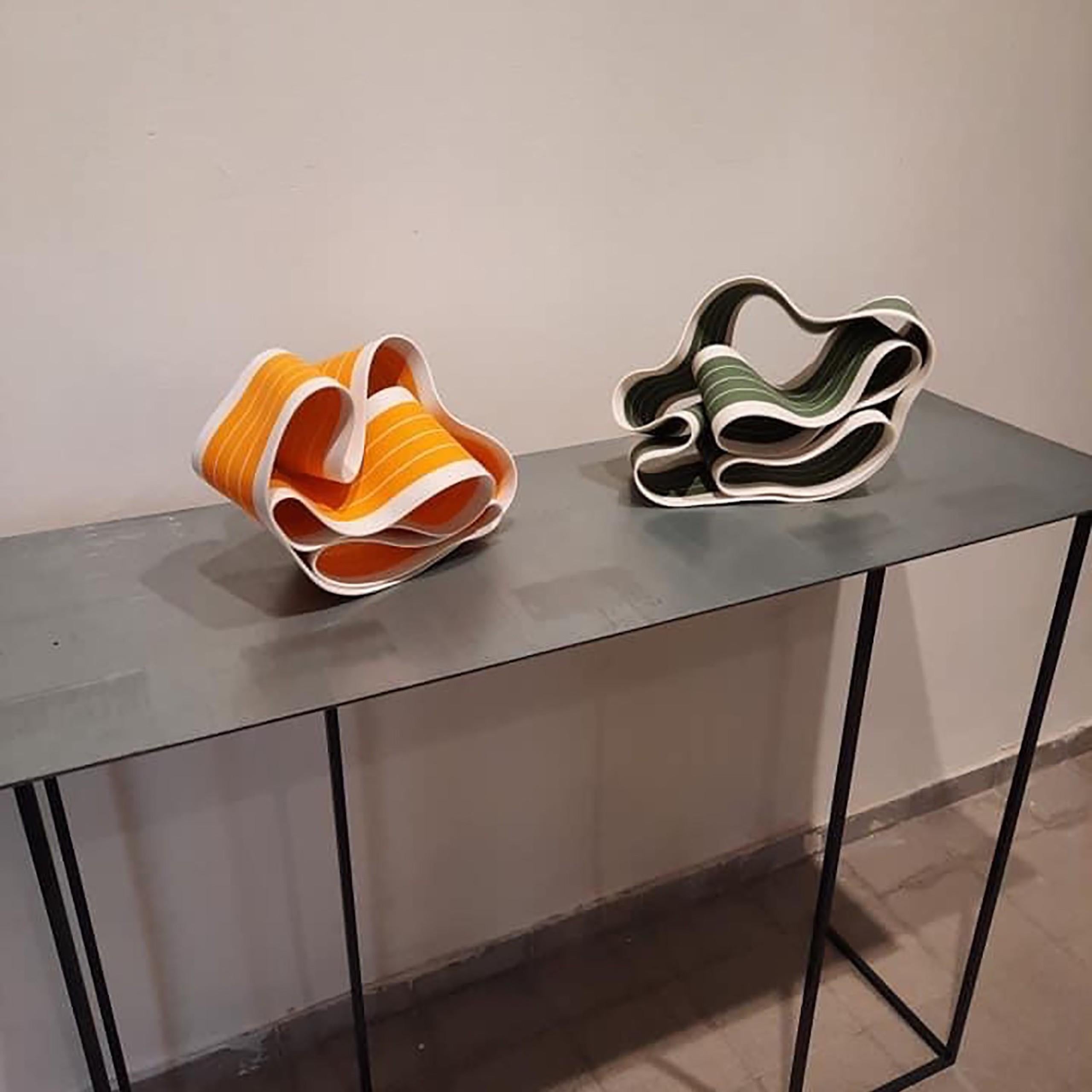 Folding in Motion 4 by Simcha Even-Chen - Porcelain sculpture, green lines For Sale 2