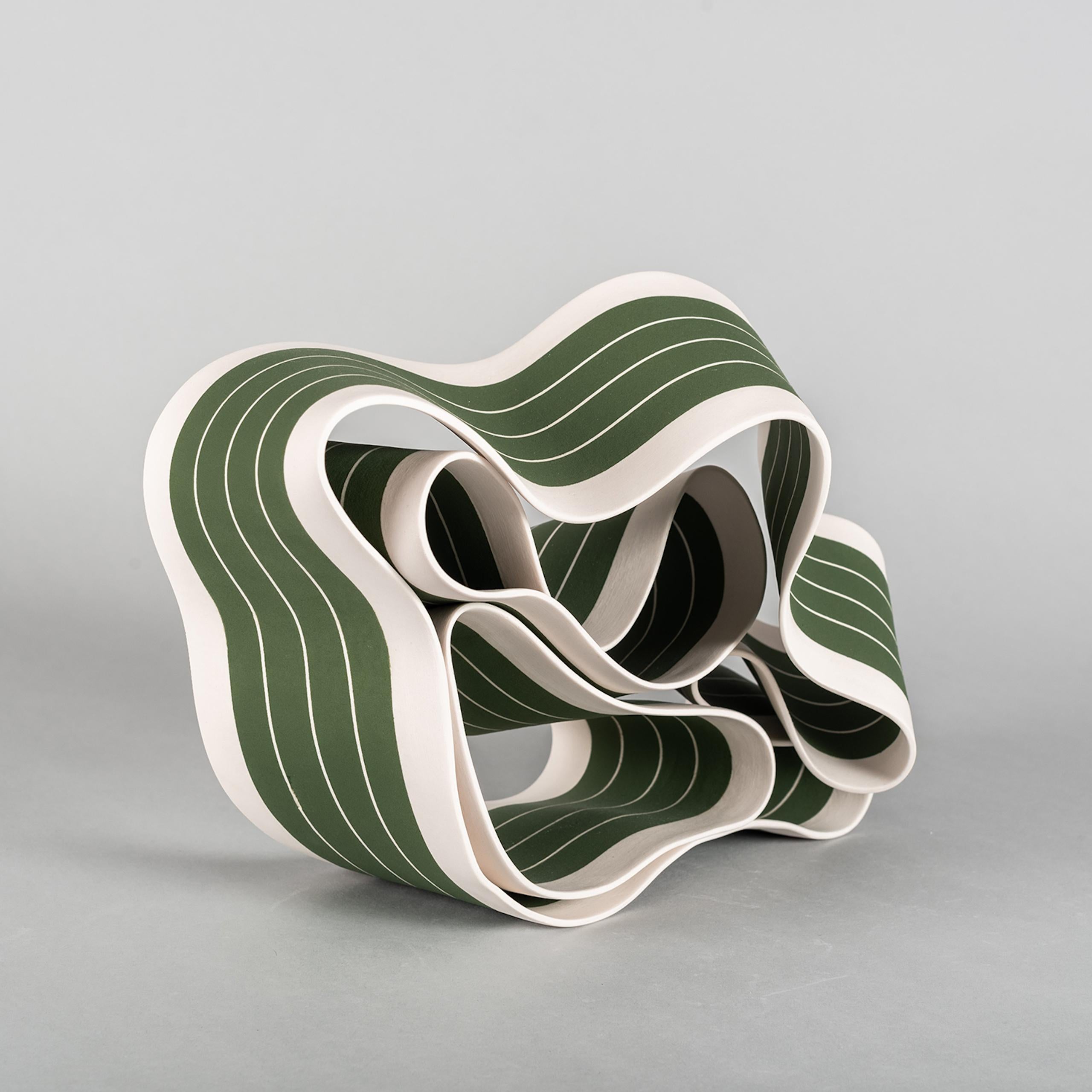 Folding in Motion 4 by Simcha Even-Chen - Porcelain sculpture, green lines For Sale 1