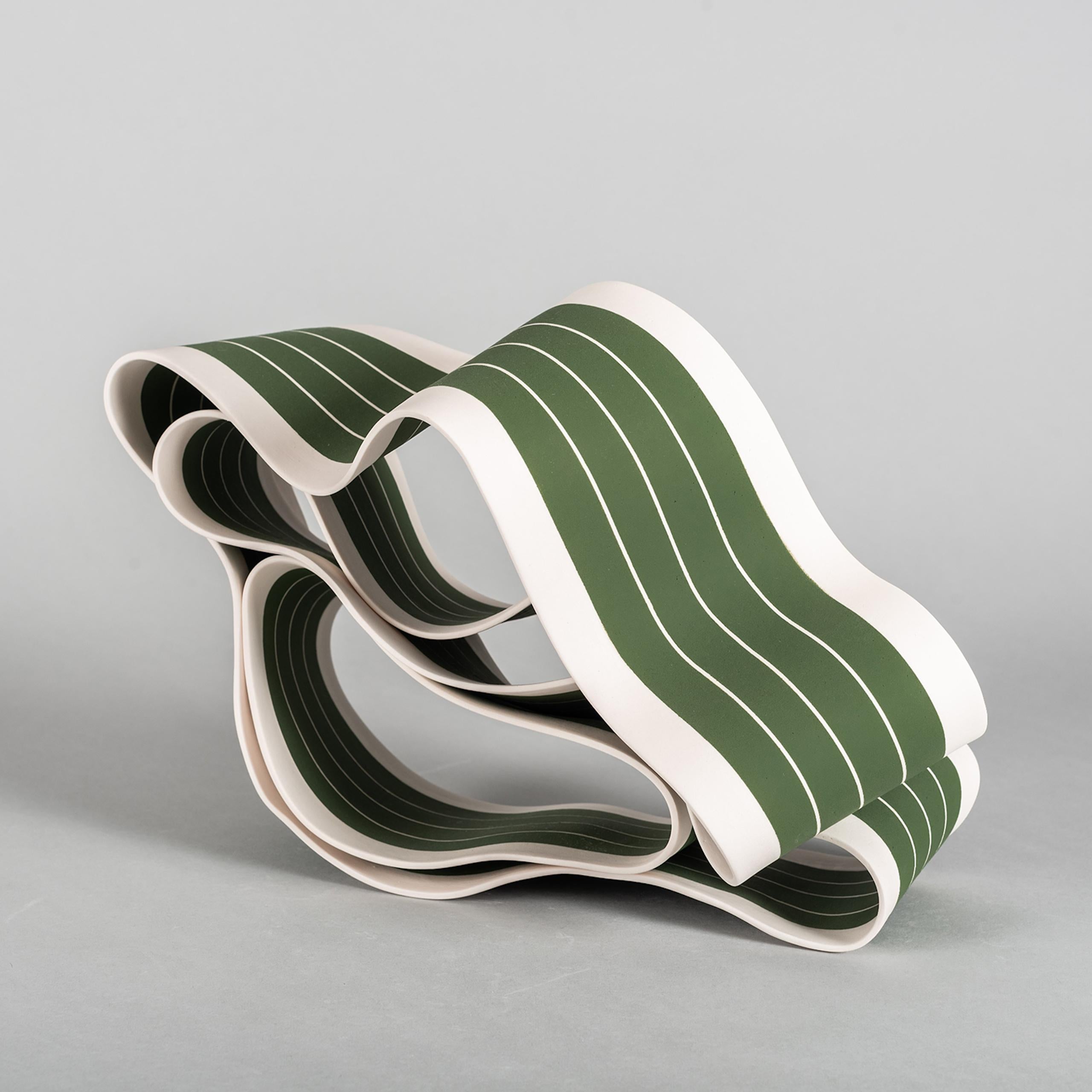 Folding in Motion 4 by Simcha Even-Chen - Porcelain sculpture, green lines For Sale 1