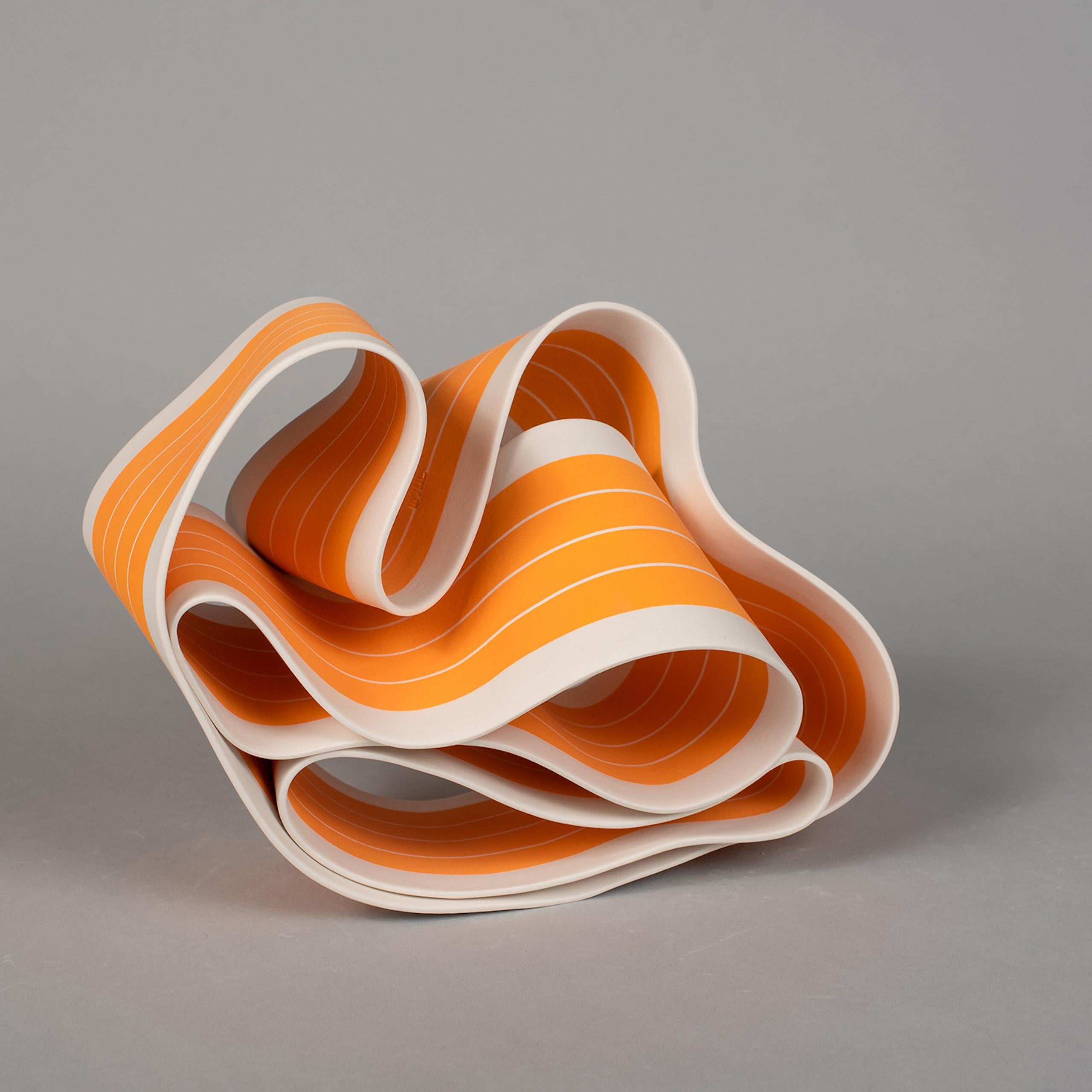 Folding in Motion 5 by Simcha Even-Chen - Porcelain sculpture, orange, line For Sale 1