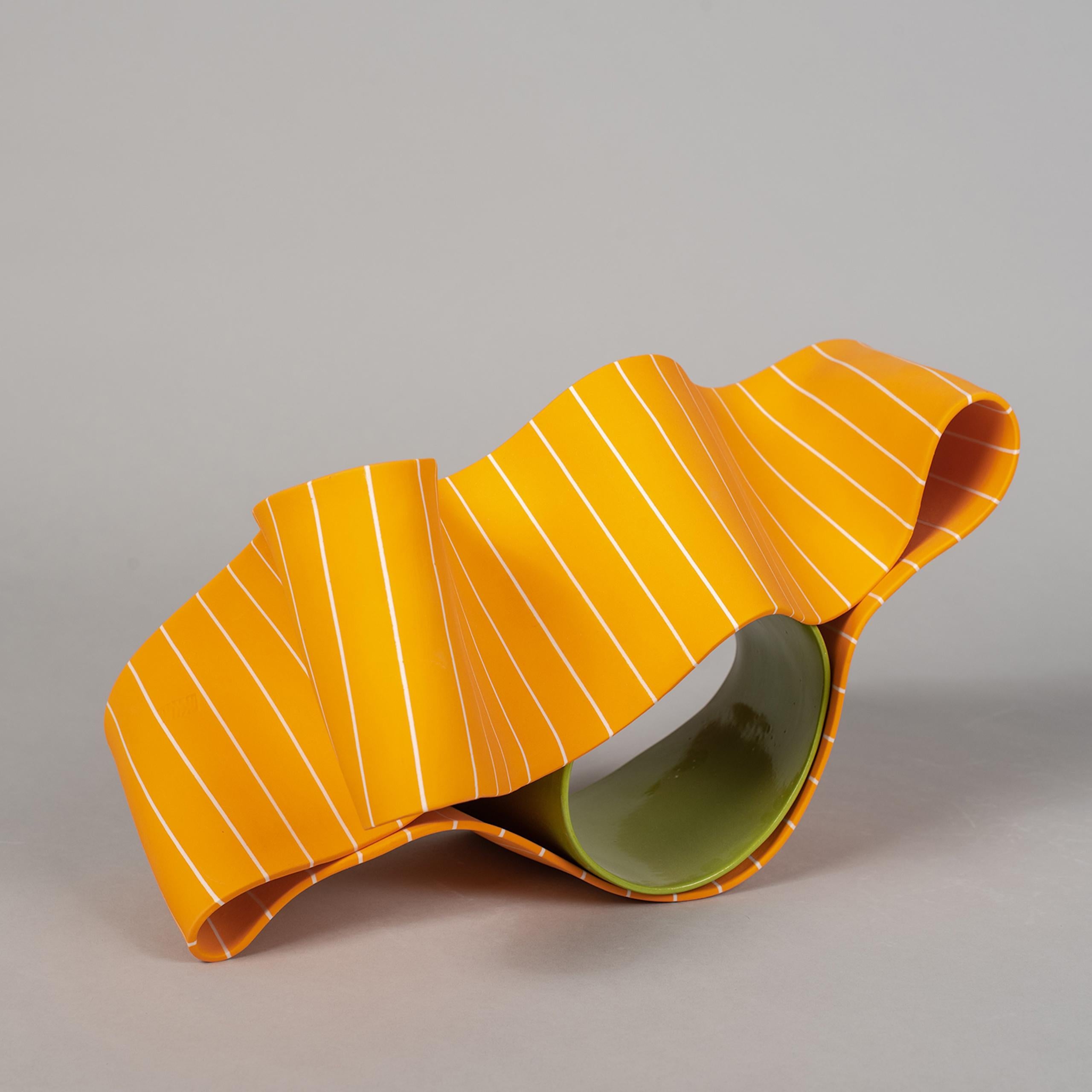 Folding in Motion 6 by Simcha Even-Chen - Porcelain sculpture, orange, line For Sale 4