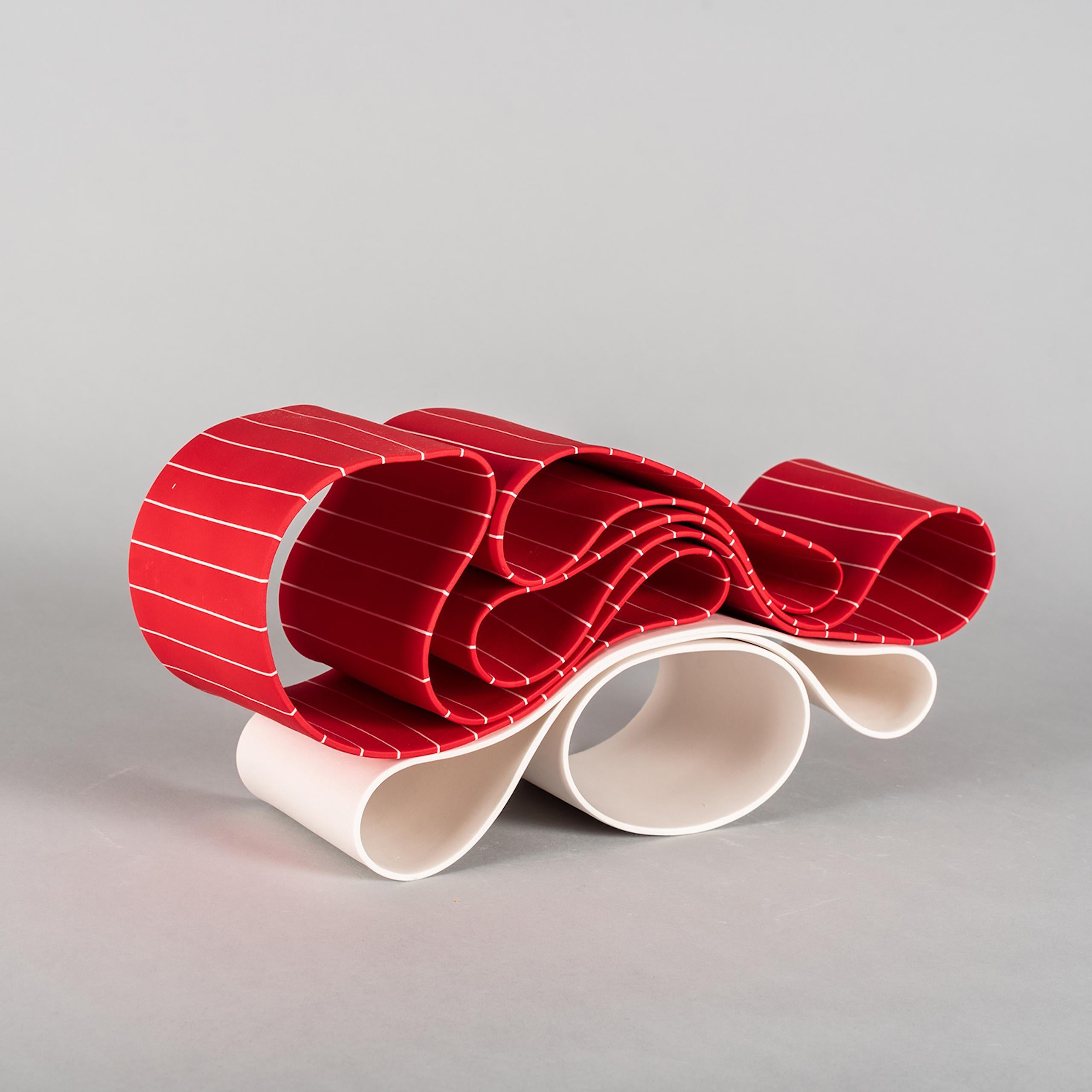 Folding in Motion 8 by Simcha Even-Chen - Porcelain sculpture, red, white, lines