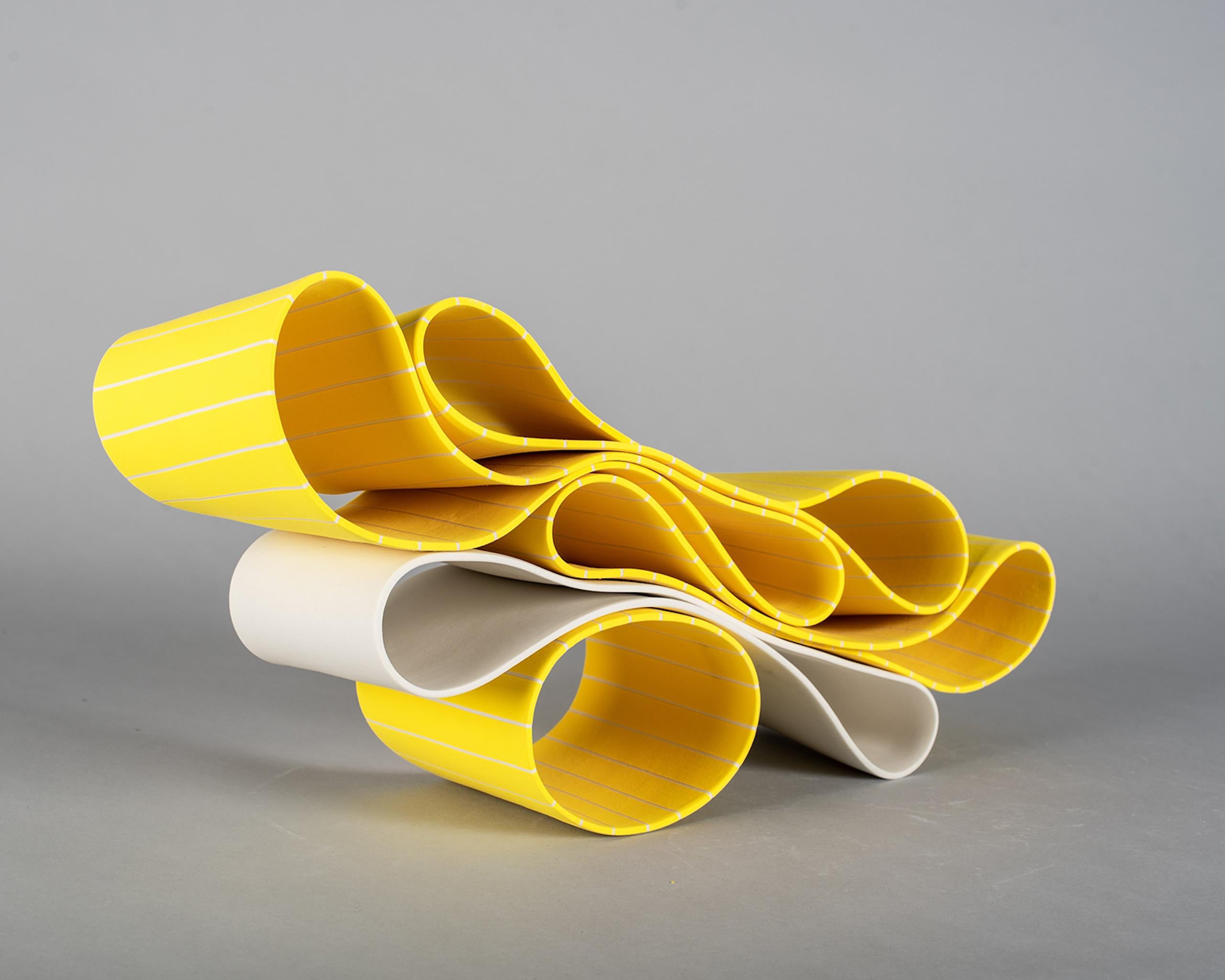Folding in Motion 9 by Simcha Even-Chen - Porcelain sculpture, yellow lines For Sale 1