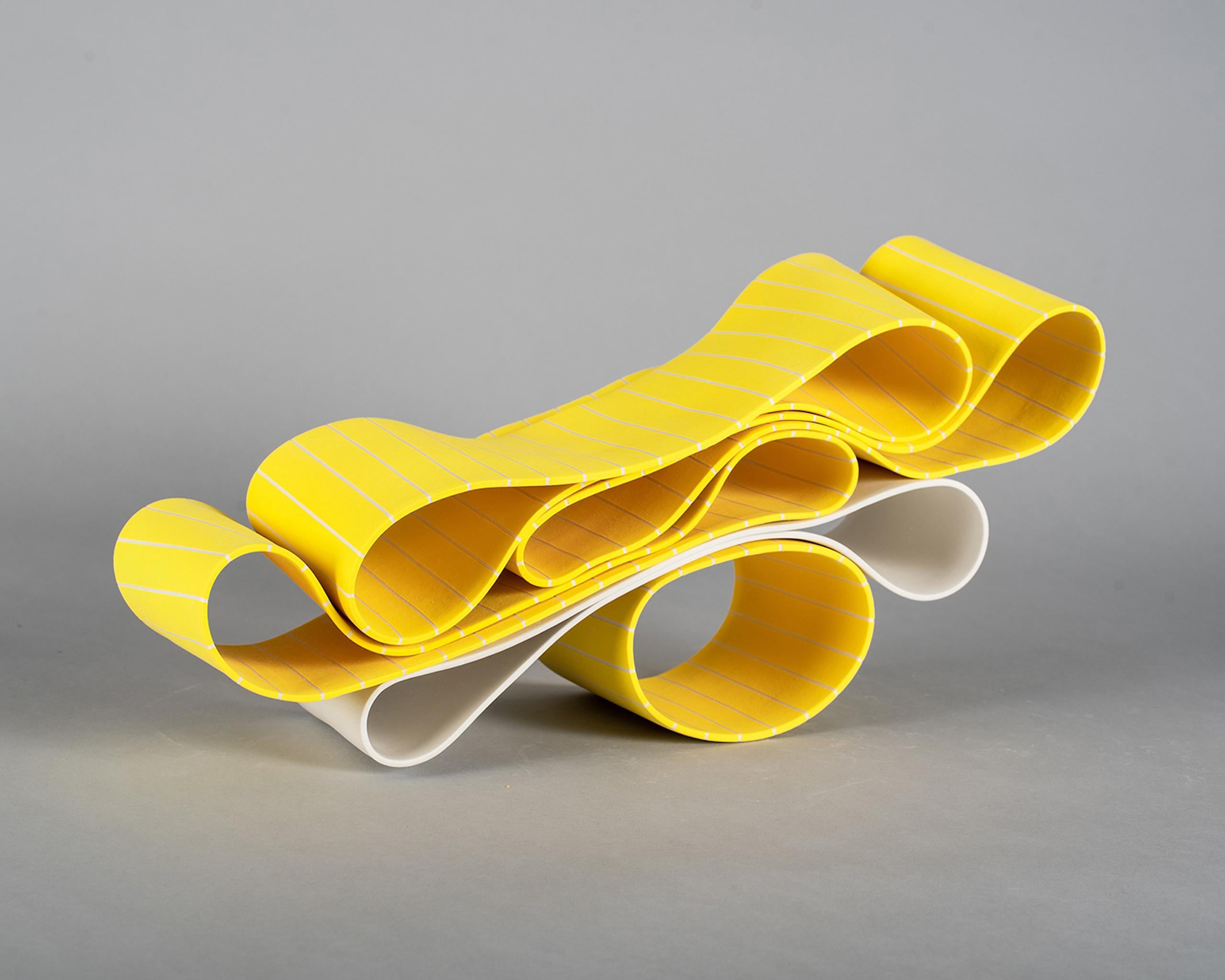 Folding in Motion 9 by Simcha Even-Chen - Porcelain sculpture, yellow lines For Sale 2