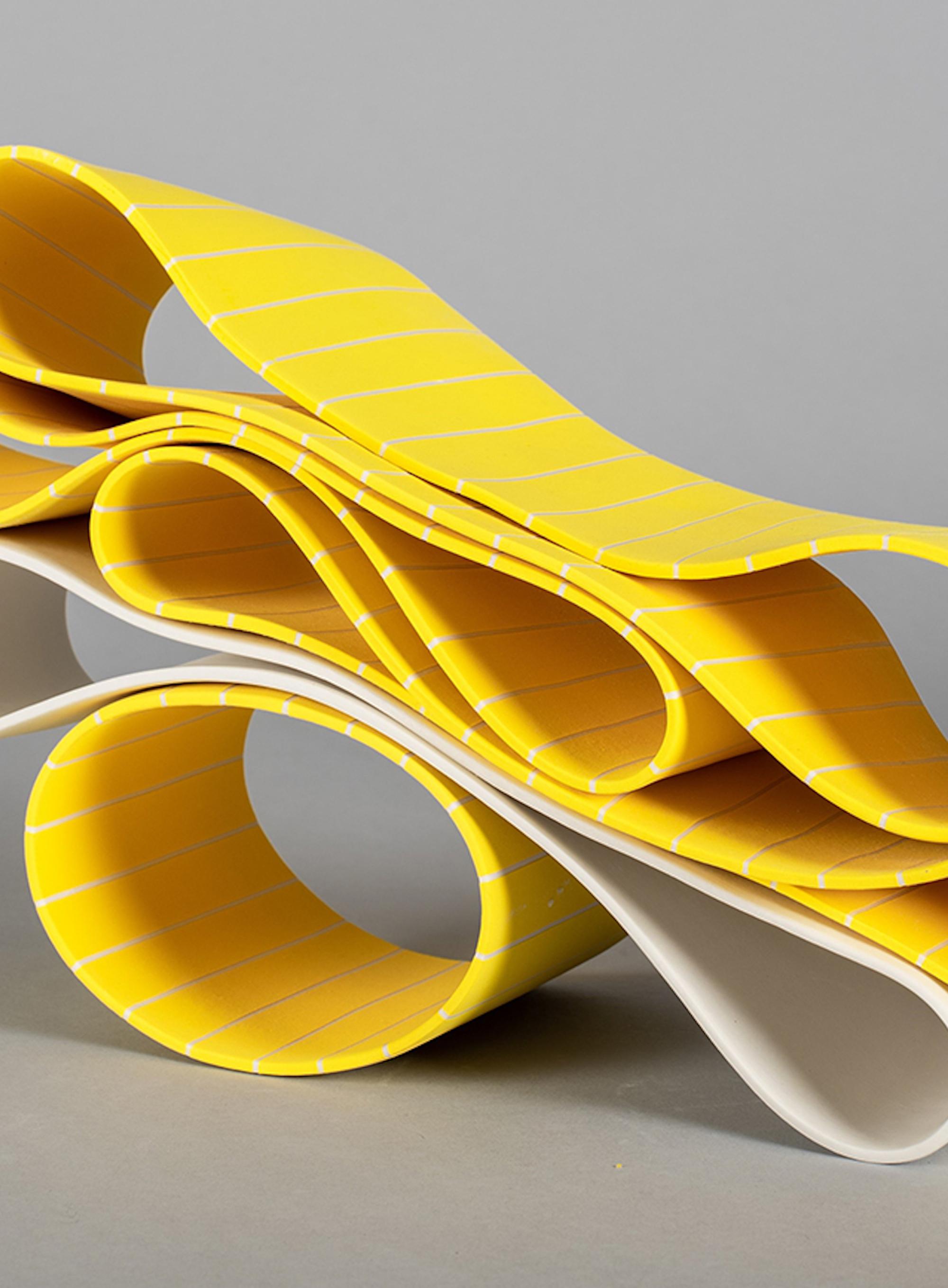 Folding in Motion 9 by Simcha Even-Chen - Porcelain sculpture, yellow lines For Sale 4