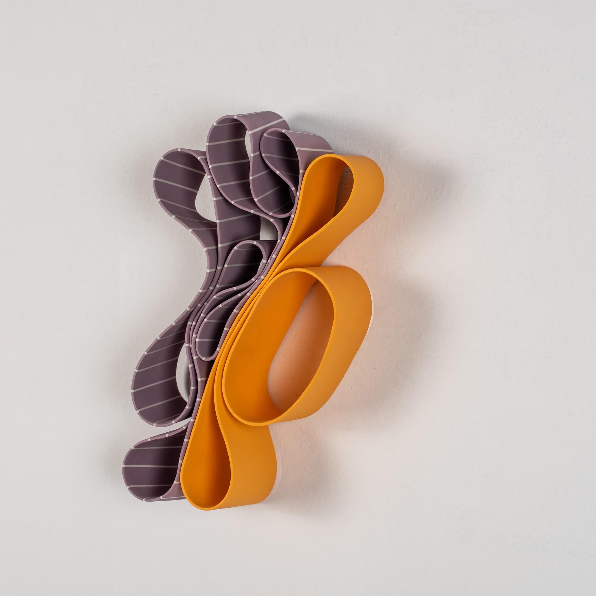 Wall Object #1 by Simcha Even-Chen - Porcelain sculpture, orange, violet, lines For Sale 2
