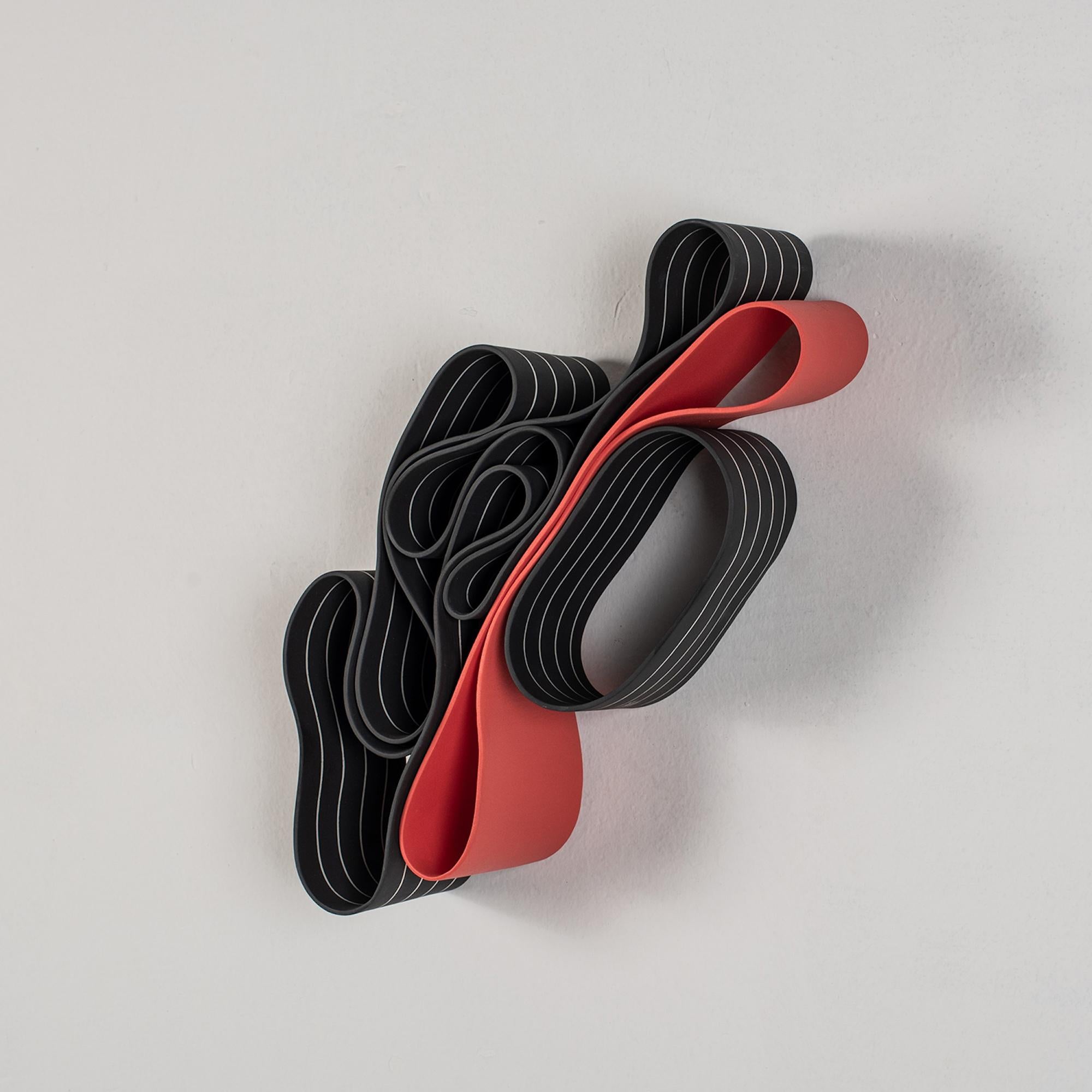 Wall Object #2 by Simcha Even-Chen - Porcelain sculpture, red and black, lines For Sale 2