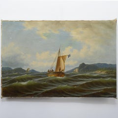 1857 Swedish Romantic Oil Seascape Sailing Fishing Boats Signed by Marcus Larson