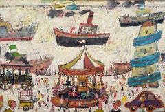 "Fun Fair On The Harbour Wall". Figurative Oil Painting