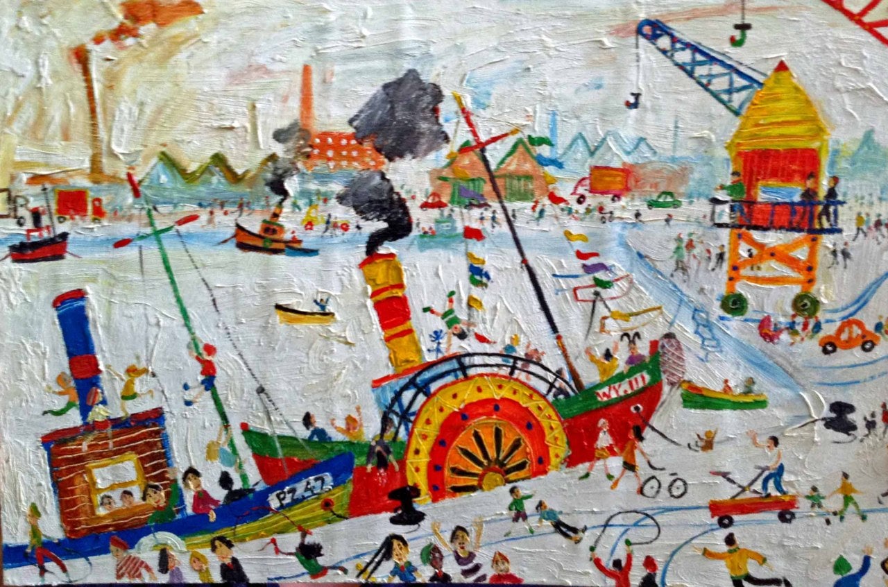 Simeon Stafford Landscape Painting - Open Day At The Docks: Contemporary Figurative Oil Painting