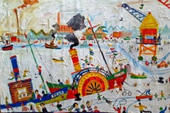Open Day At The Docks: Contemporary Naive School Oil painting