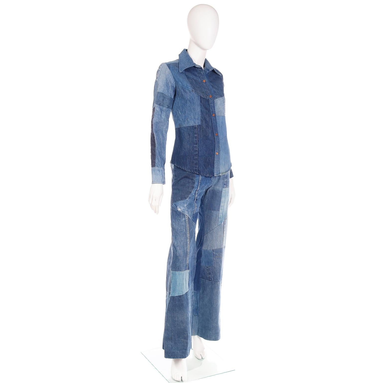 Simis Vintage 1970er Jahre Patchwork-Denim-Jeans und Hemd mit Knopfleiste 2 Teile Outfit im Zustand „Gut“ in Portland, OR