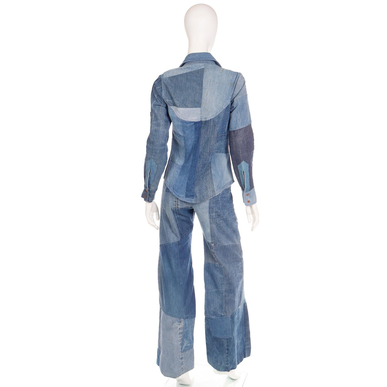 Simis Vintage 1970er Jahre Patchwork-Denim-Jeans und Hemd mit Knopfleiste 2 Teile Outfit für Damen oder Herren