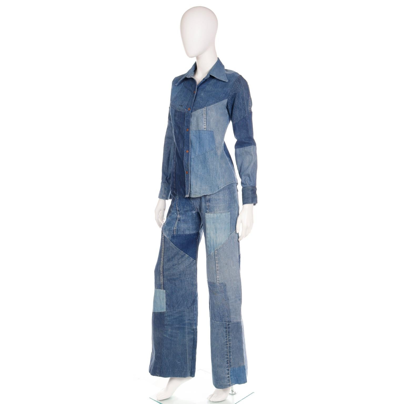Women's or Men's Simis Vintage 1970s Patchwork Denim Jeans and Button Front Shirt 2 Pc Outfit