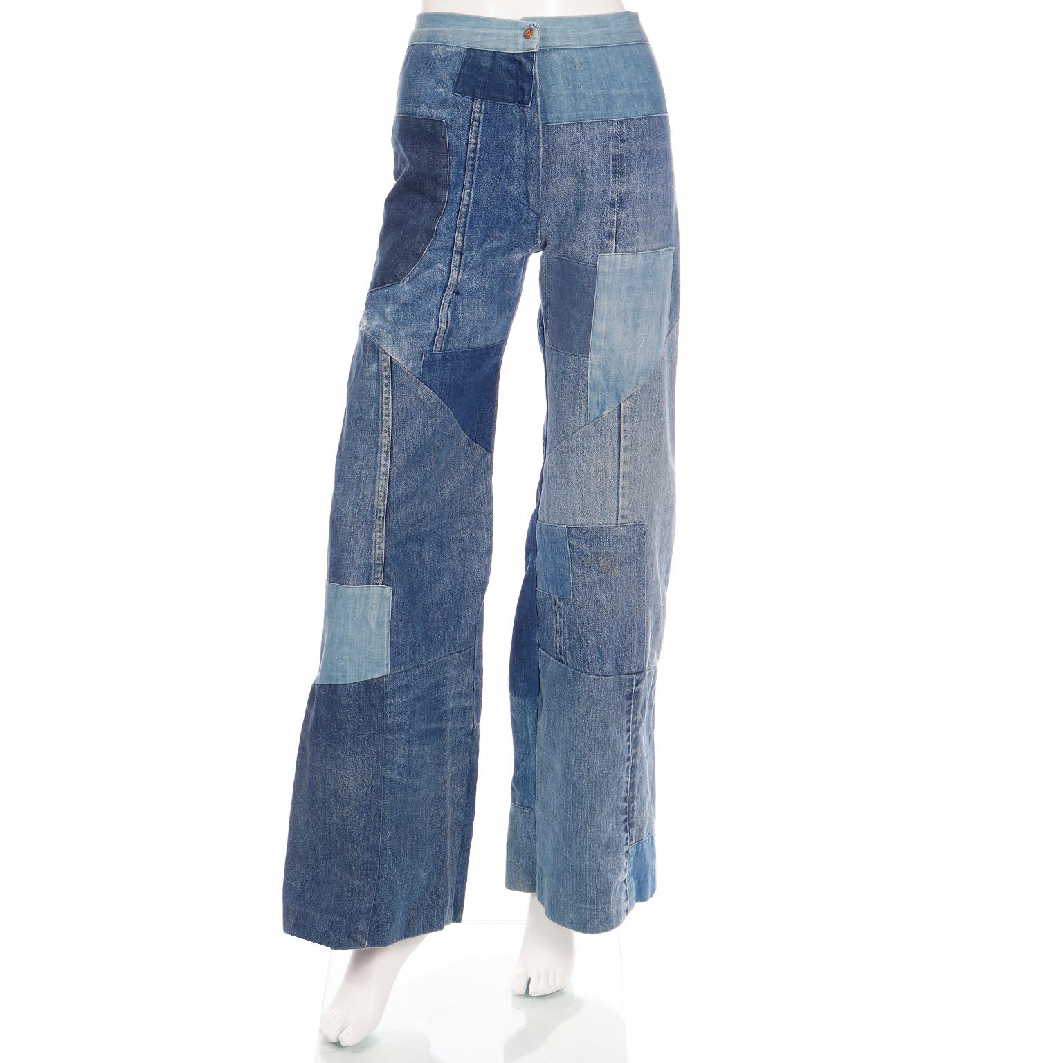 Simis Vintage 1970er Jahre Patchwork-Denim-Jeans und Hemd mit Knopfleiste 2 Teile Outfit 2