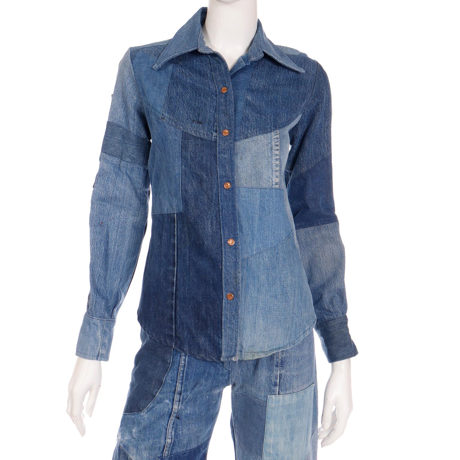 Simis Vintage 1970er Jahre Patchwork-Denim-Jeans und Hemd mit Knopfleiste 2 Teile Outfit 3