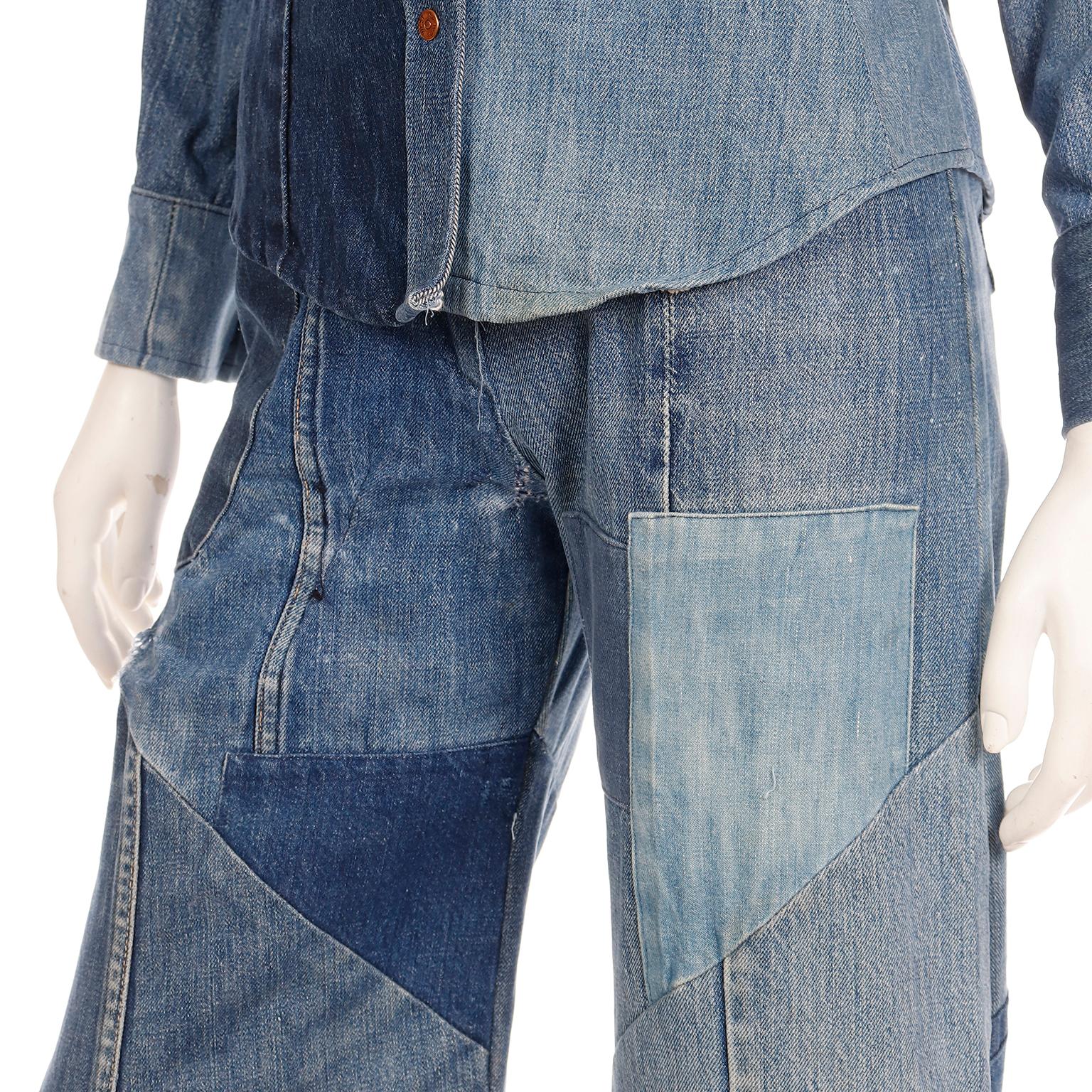 Simis Vintage 1970er Jahre Patchwork-Denim-Jeans und Hemd mit Knopfleiste 2 Teile Outfit 4