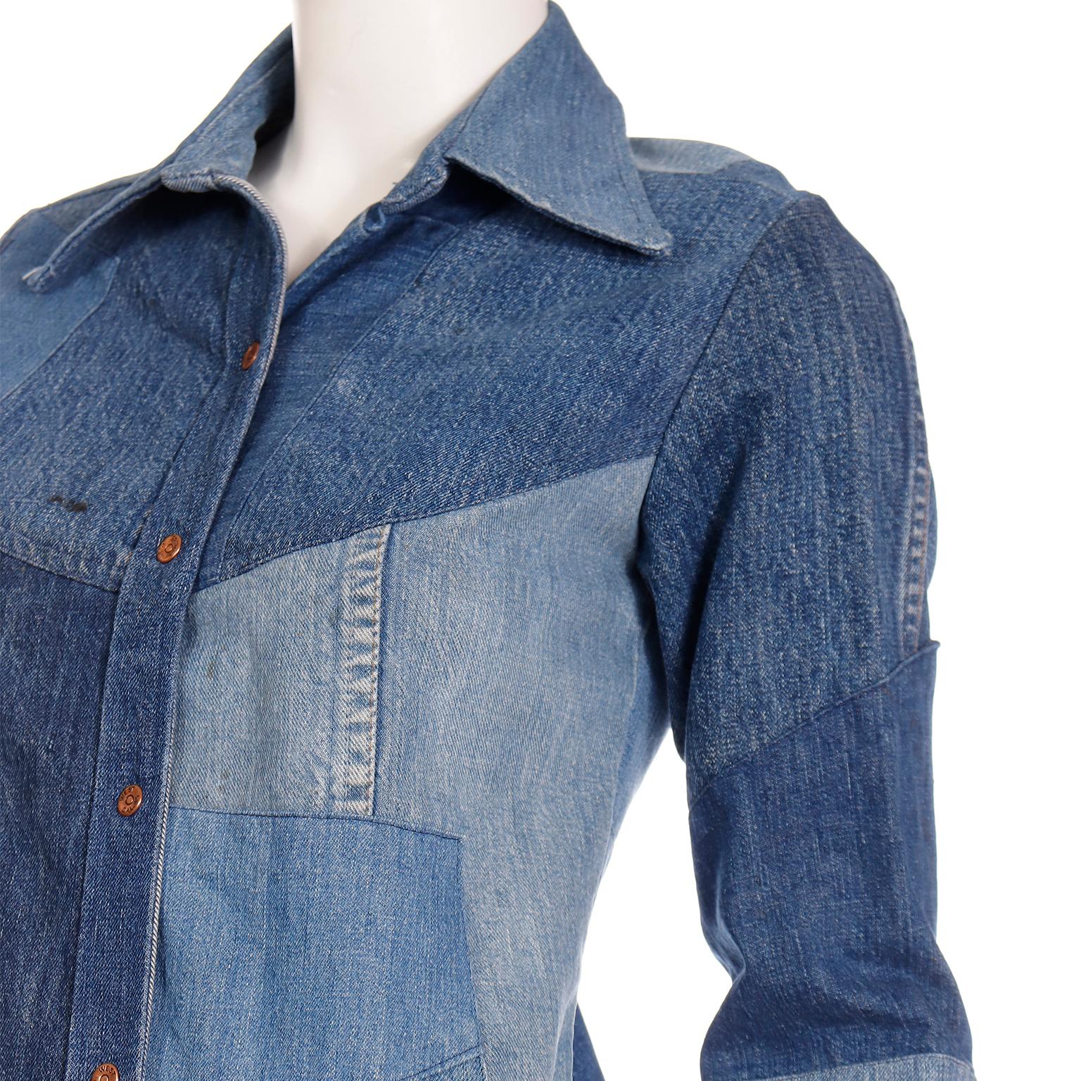 Simis Vintage 1970er Jahre Patchwork-Denim-Jeans und Hemd mit Knopfleiste 2 Teile Outfit 5