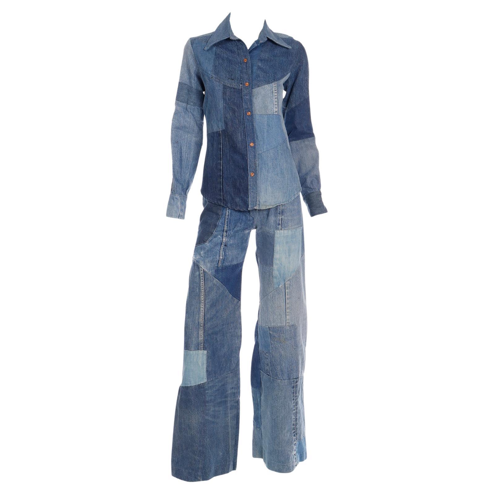 Simis Vintage 1970er Jahre Patchwork-Denim-Jeans und Hemd mit Knopfleiste 2 Teile Outfit