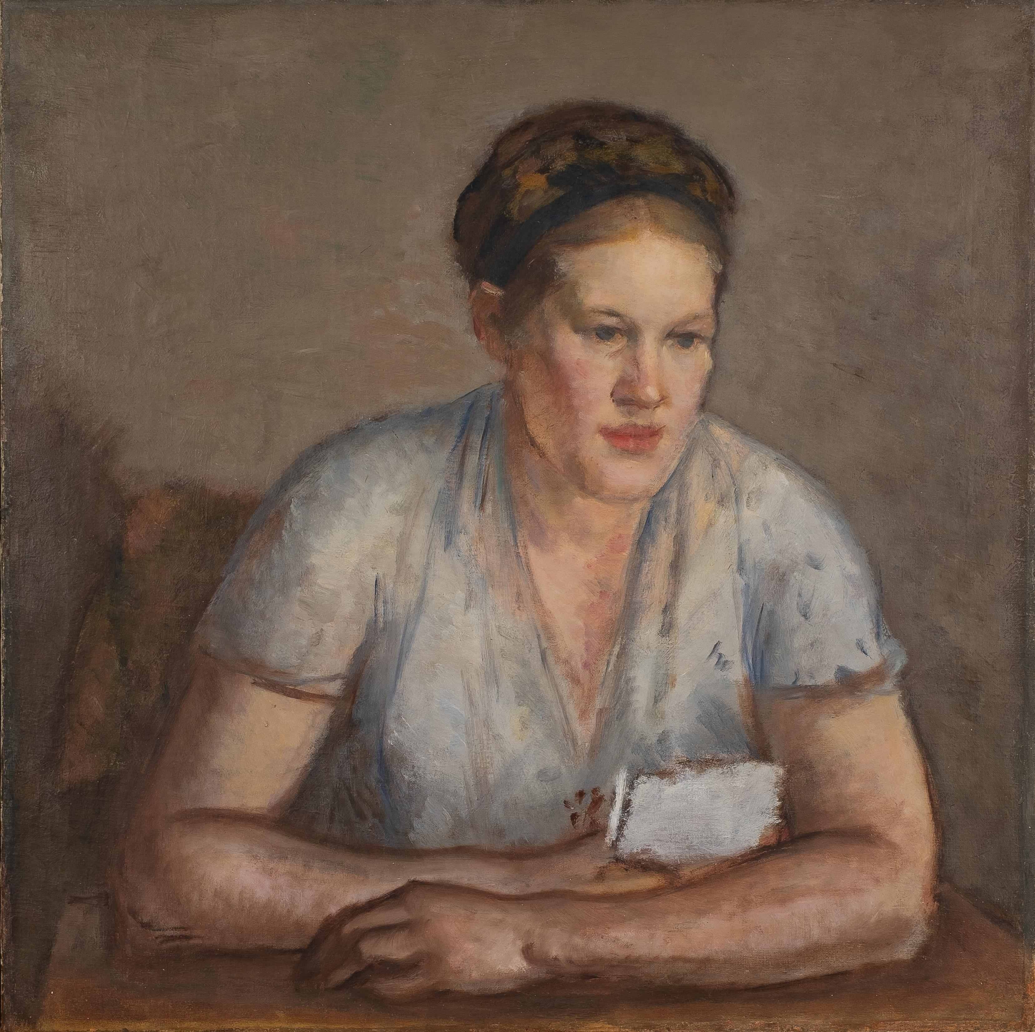 Elsa leyendo una carta - Portrait Painting Marrón de Simka Simkhovitch