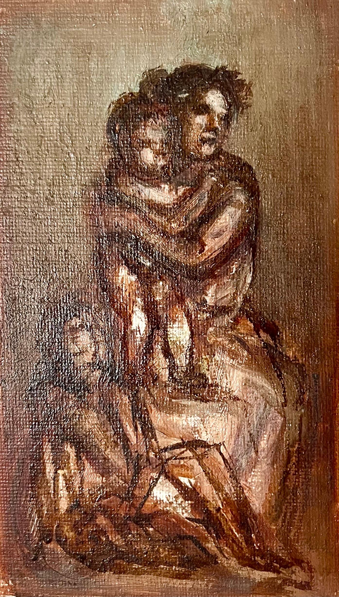 Peinture à l'huile de l'artiste WPA Simka Simkhovitch représentant une mère et ses enfants, moderniste américaine