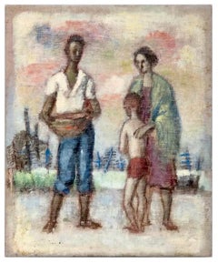 Peinture à l'huile d'une artiste de la WPA, Simka Simkhovitch, représentant une famille de races mixtes, moderniste américaine