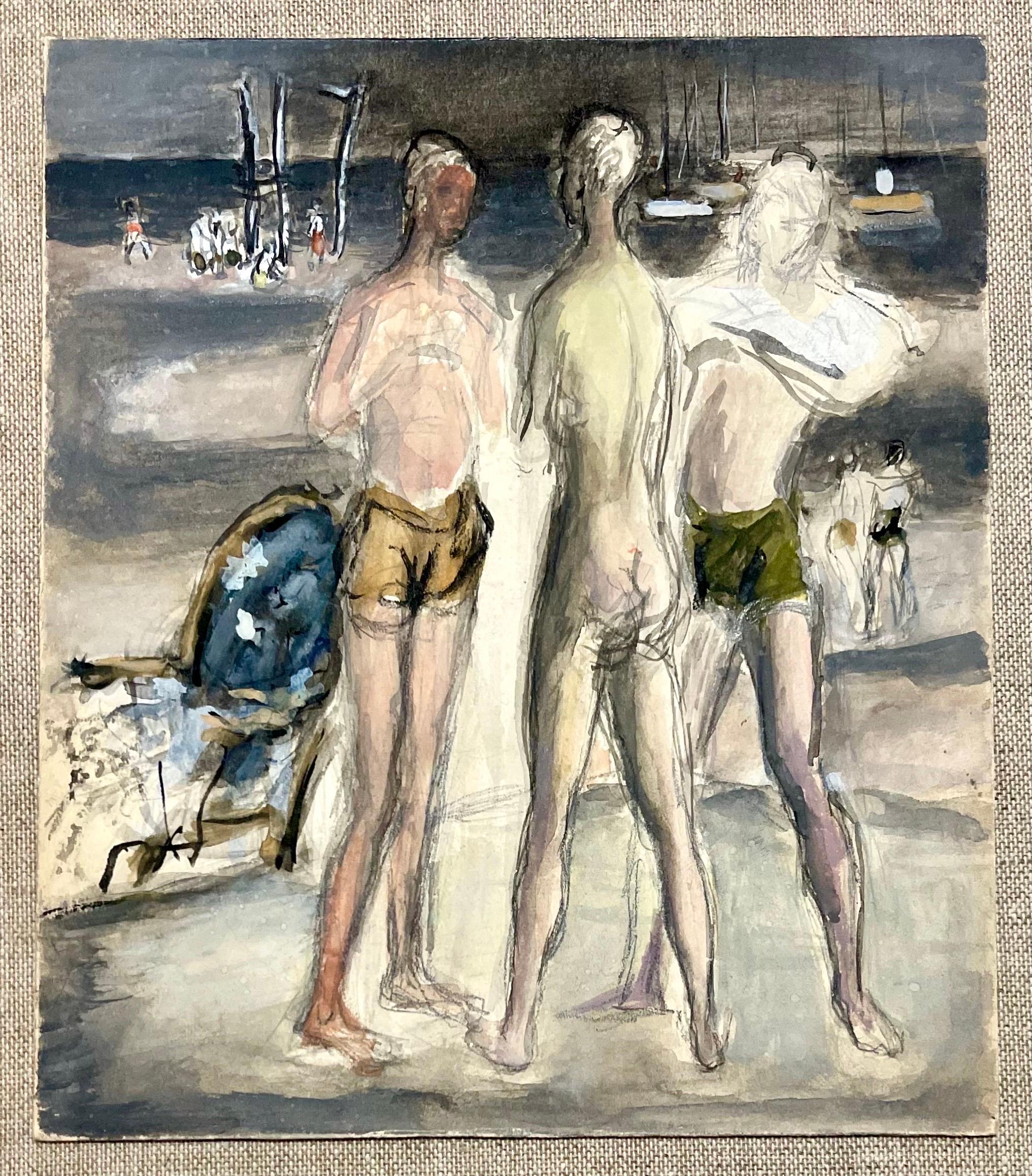 Simka Simkhovitch WPA W/C Peinture Gouache Moderniste Américaine Scène de Plage Nu en vente 1