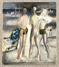 A.I.C. Simka Simkhovitch Pittura WPA Gouache Modernista Americano Scena di spiaggia Nudo