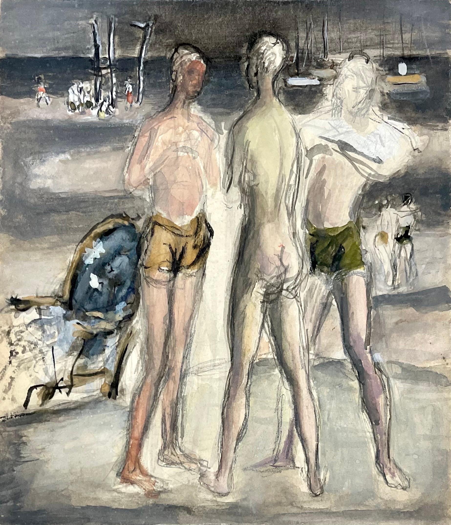 Simka Simkhovitch WPA W/C Peinture Gouache Moderniste Américaine Scène de Plage Nu en vente 2