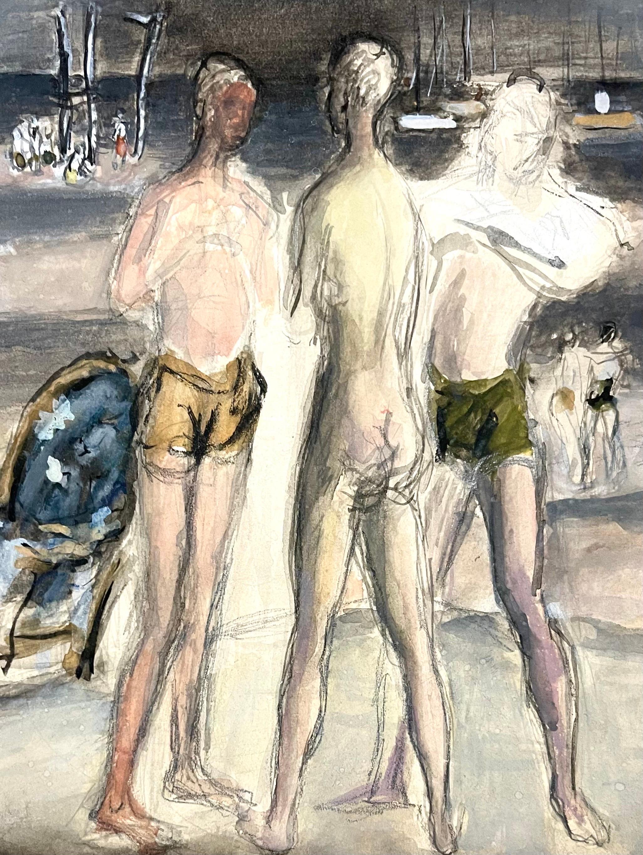 Simka Simkhovitch (Russian/American 1893 - 1949) 
This came with a small grouping from the artist's family, some were hand signed some were not.
These were studies for larger paintings.
This is a watercolor and gouache beach scene three young men