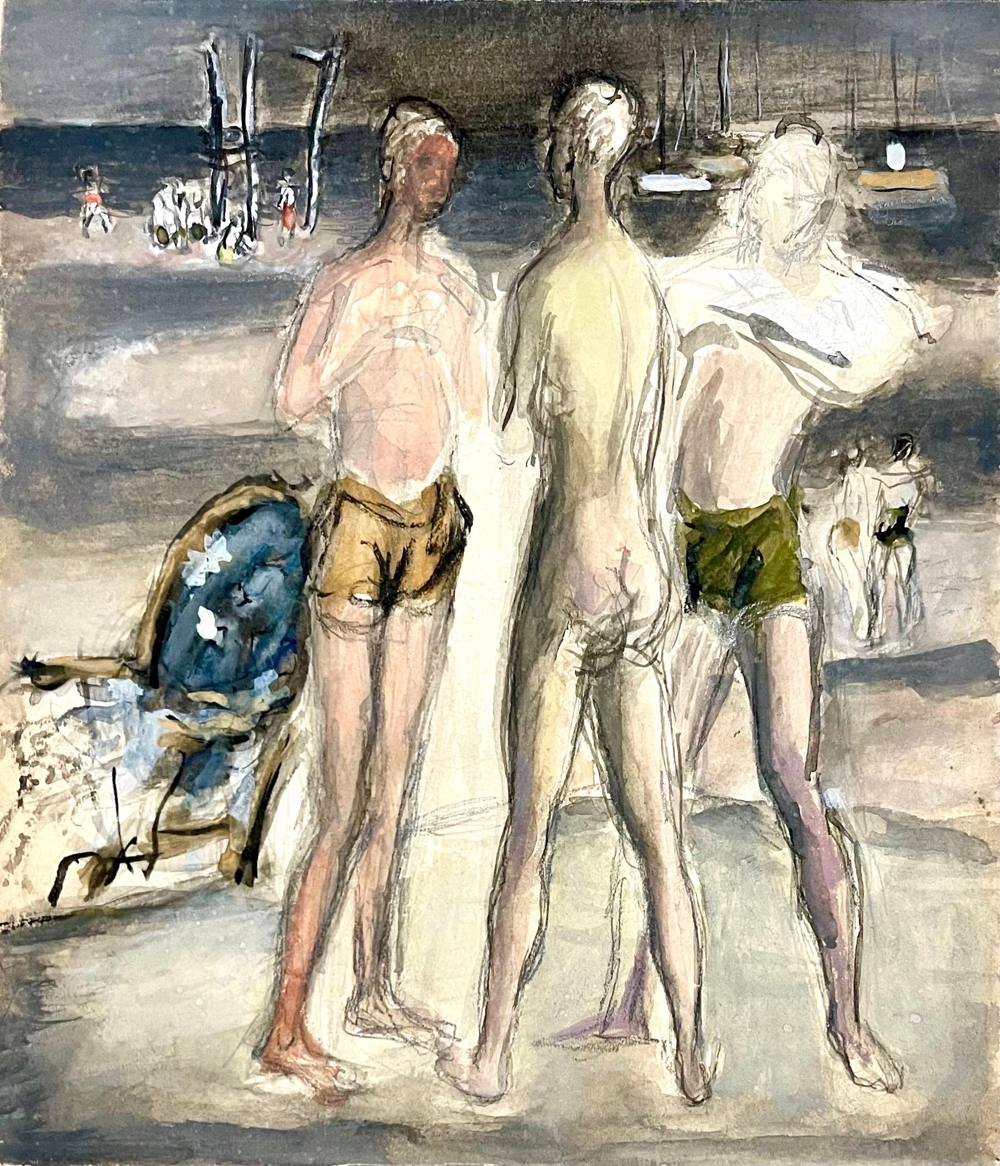 Simka Simkhovitch WPA W/C Pittura a guazzo Modernista Americana Scena di spiaggia Nuda