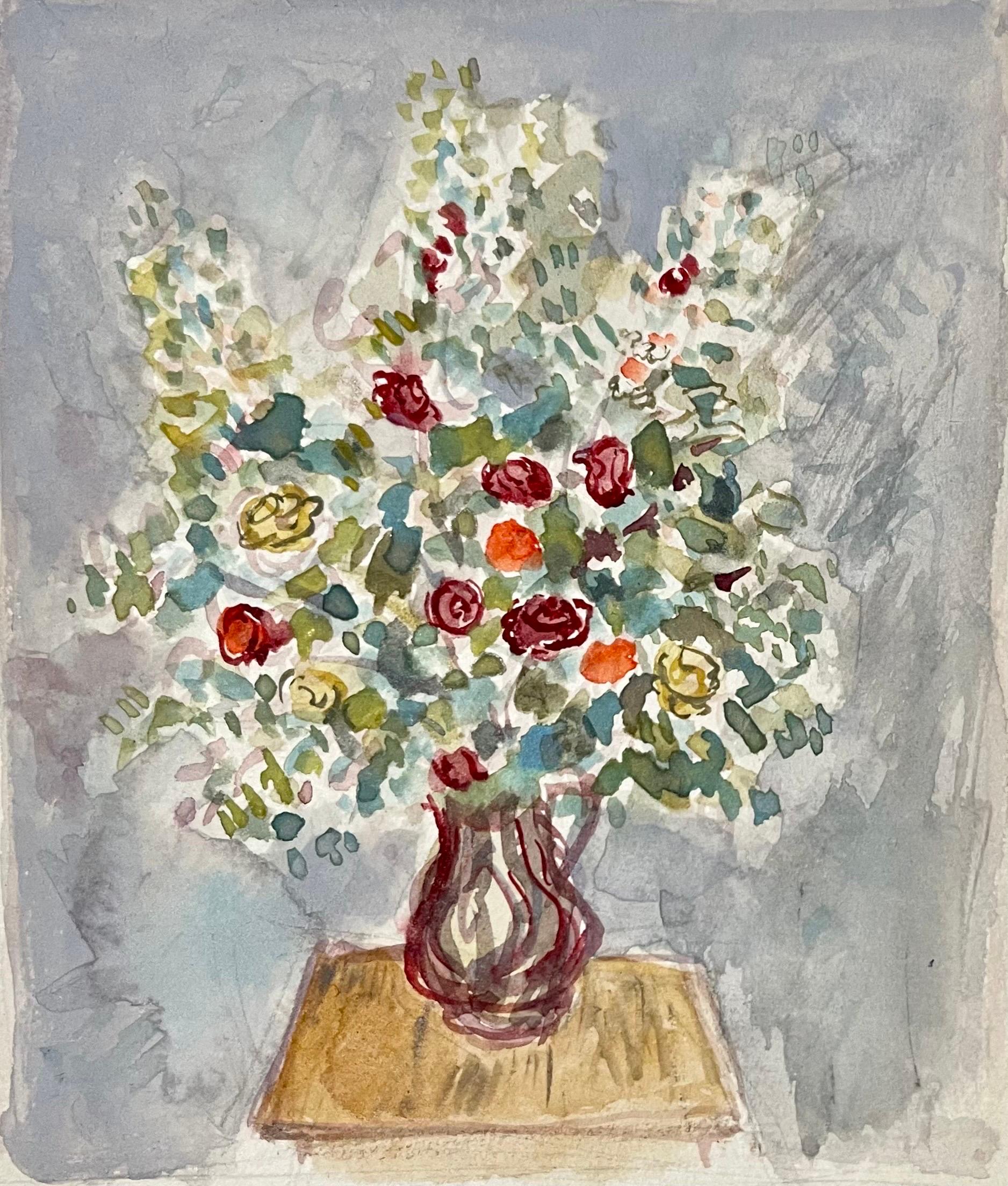 Simka Simkhovitch WPA W/C Painting Gouache American Modernist Bouquet of Flowers For Sale 3