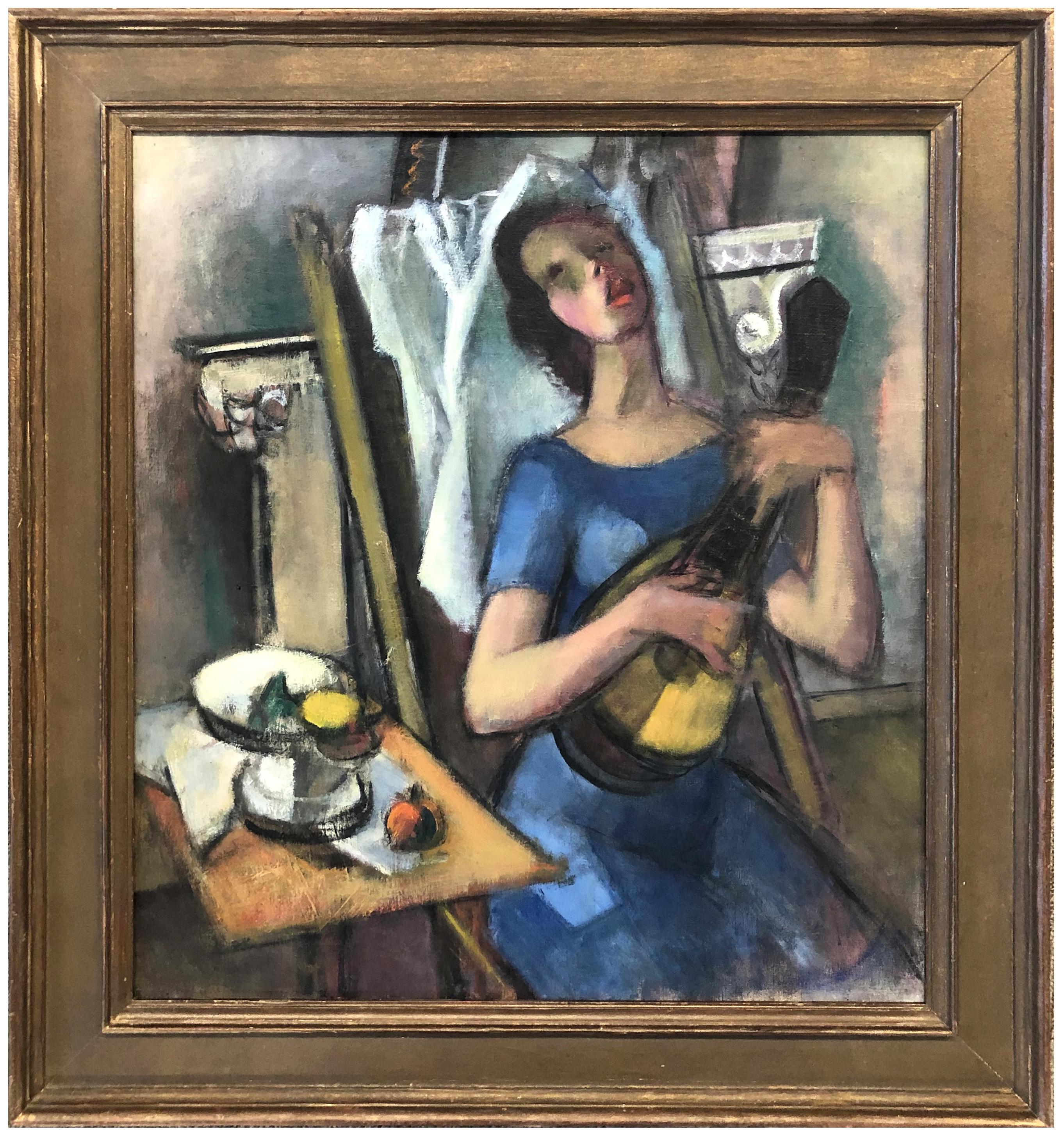 Simka Simkhovitch Figurative Painting – Frau mit Gitarre, Kubismus
