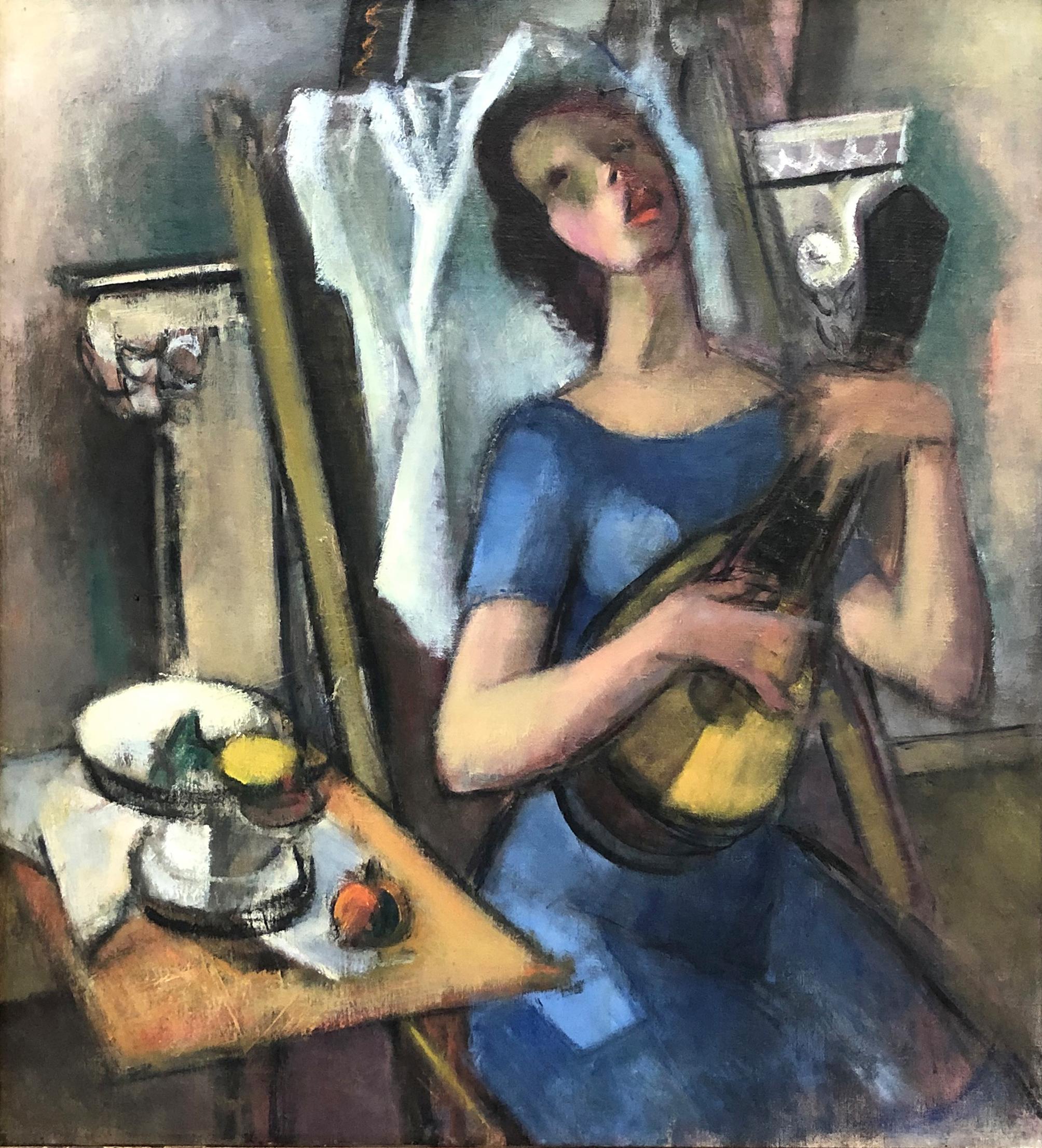 Frau mit Gitarre, Kubismus – Painting von Simka Simkhovitch