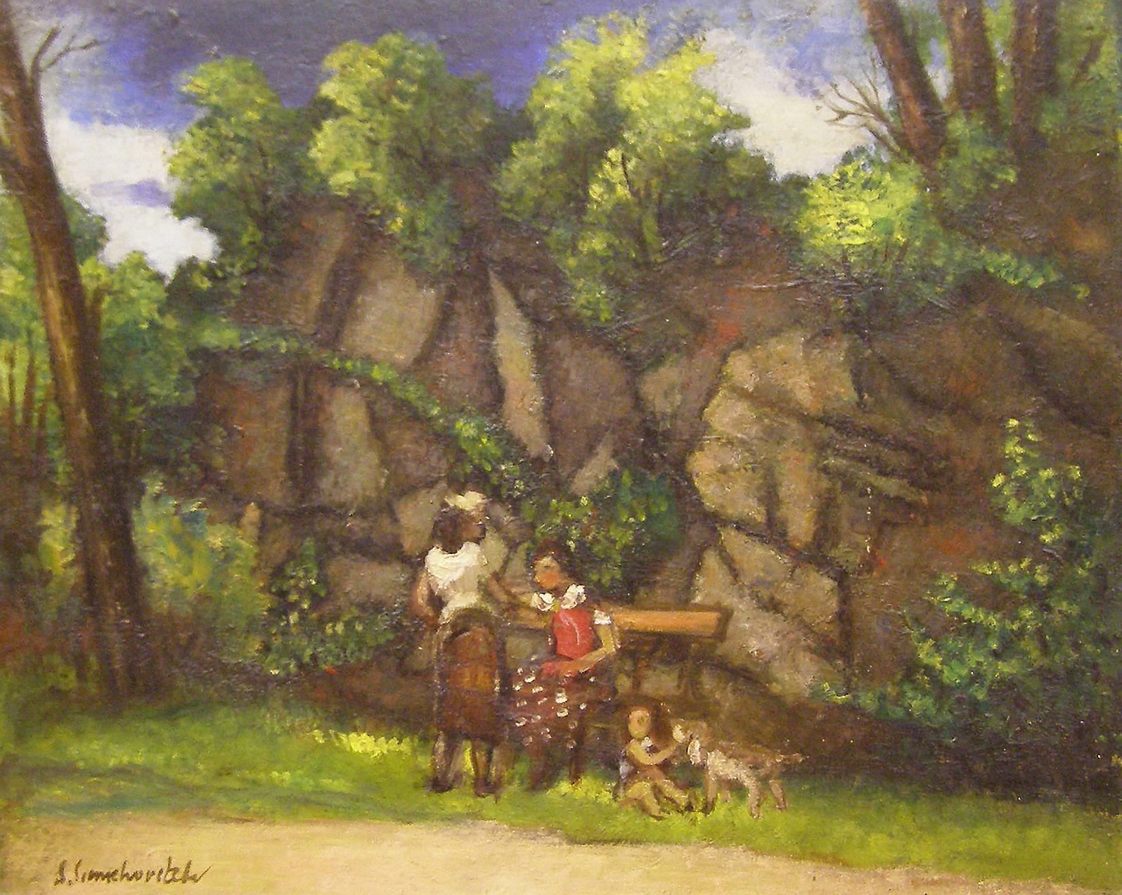 Women in the Park, Greenwich, Connecticut landscape - Painting by Simka Simkhovitch