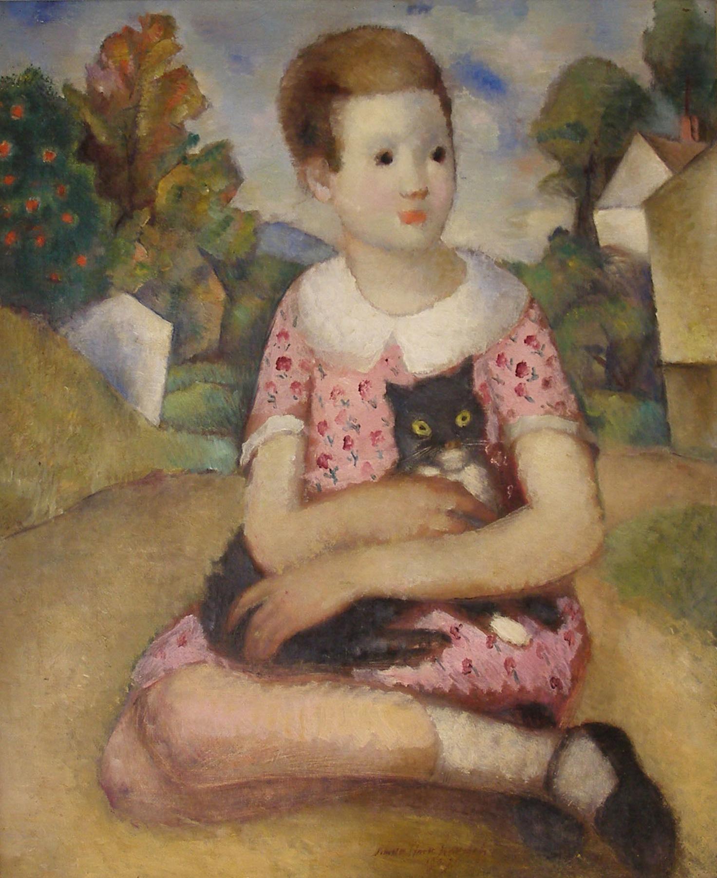 Young Girl With Black Cat  - Painting by Simka Simkhovitch