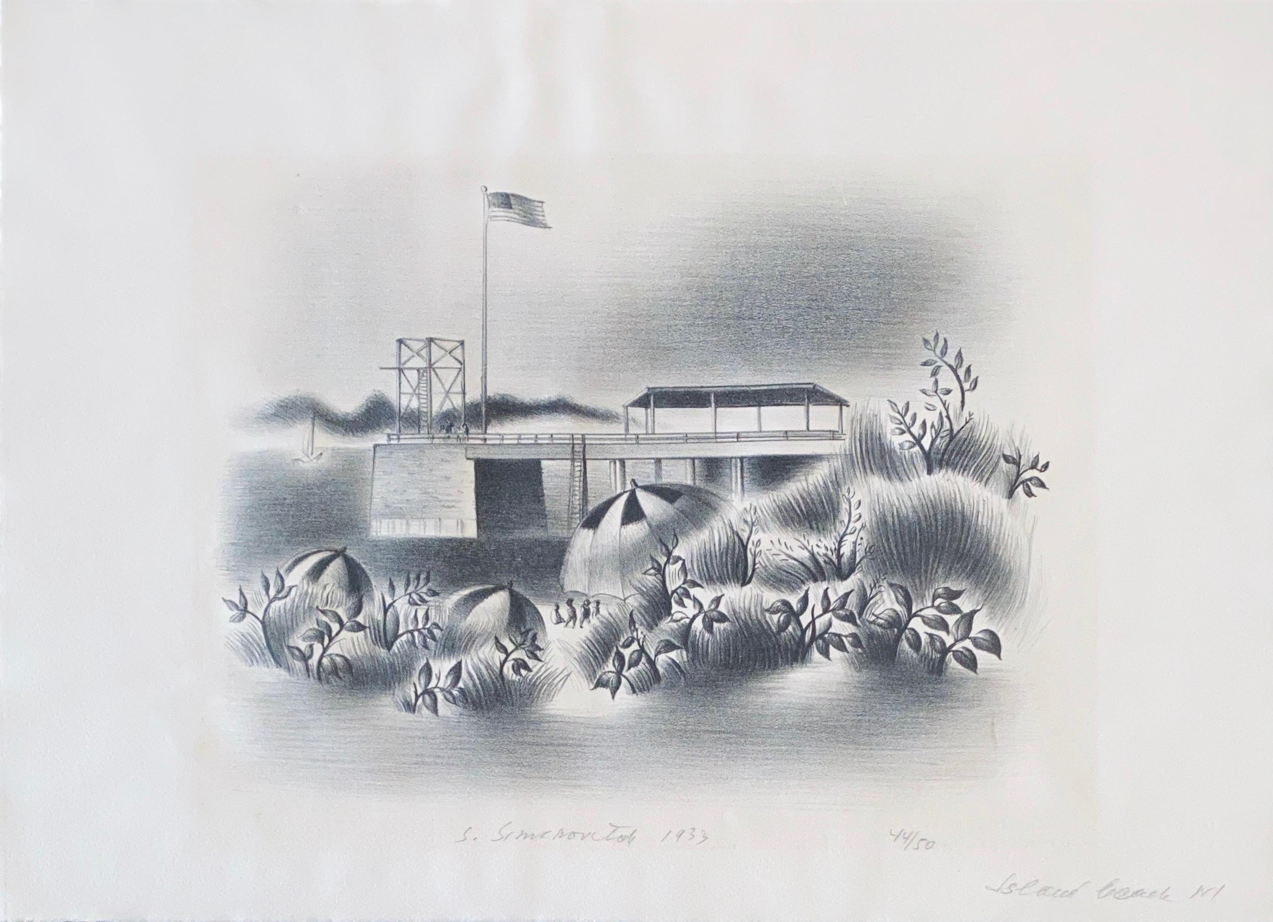Simka Simkhovitch (rusa/estadounidense 1893 - 1949) litografía firmada. Firmado a lápiz y fechado "S. Simjovitch 1933" en la parte inferior central. Título "Island Beach", a lápiz en la parte inferior izquierda de la hoja. Numerada "44/50" a lápiz