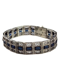 Simmons Sterling Silver Art Deco Filigree Bracelet with Blue Stones #20059